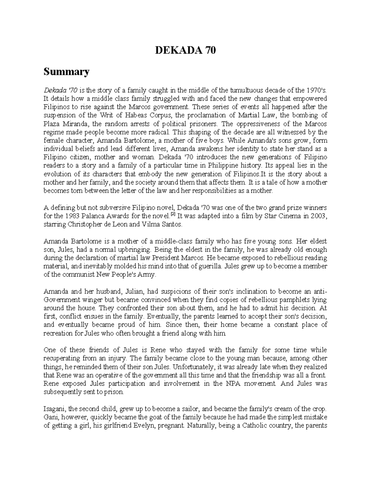 37524603- Dekada-70 - DEKADA 70 Summary Dekada '70 is the story of a ...