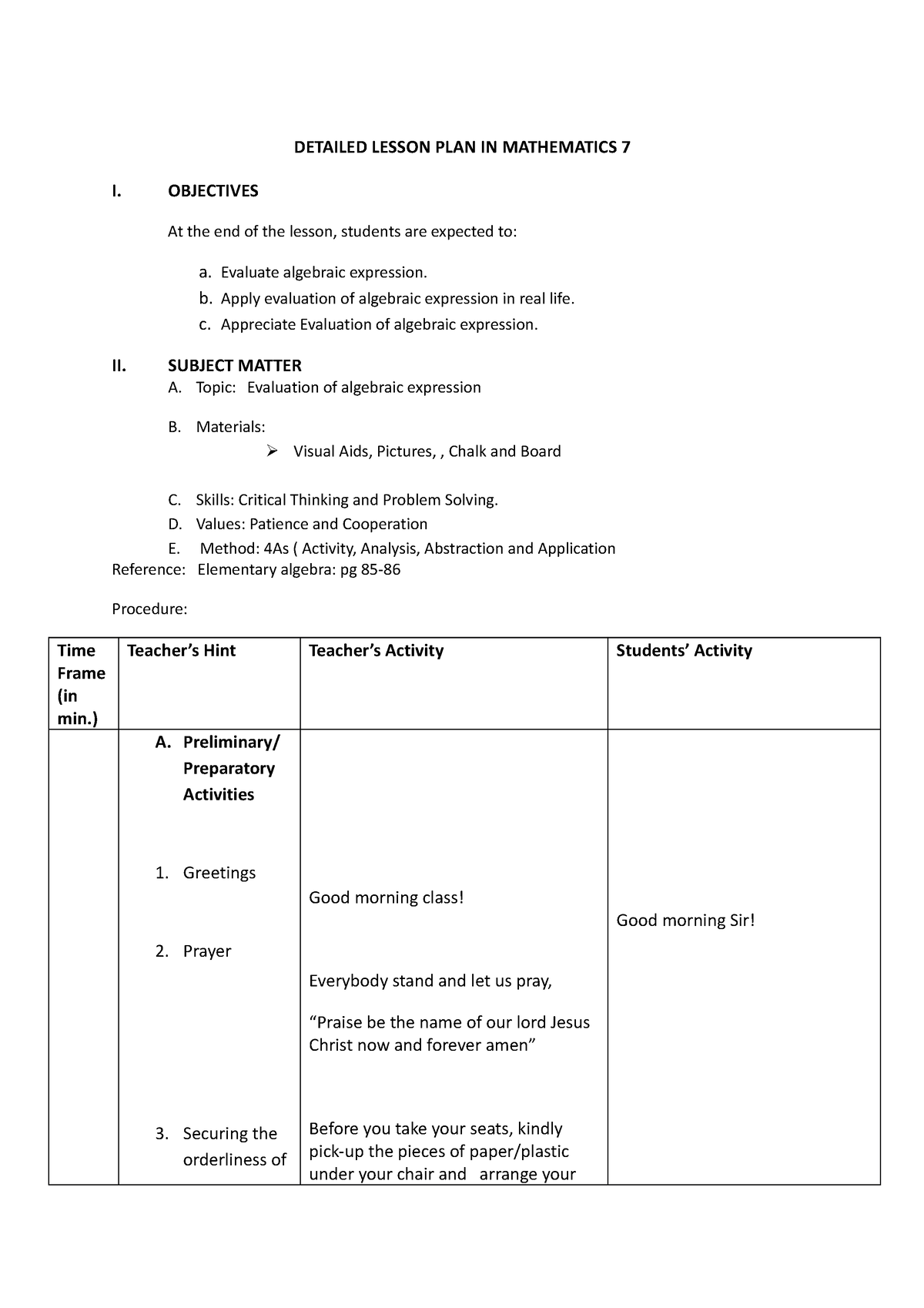 Detailed lesson plan Evaluation of algebraic expression - DETAILED ...