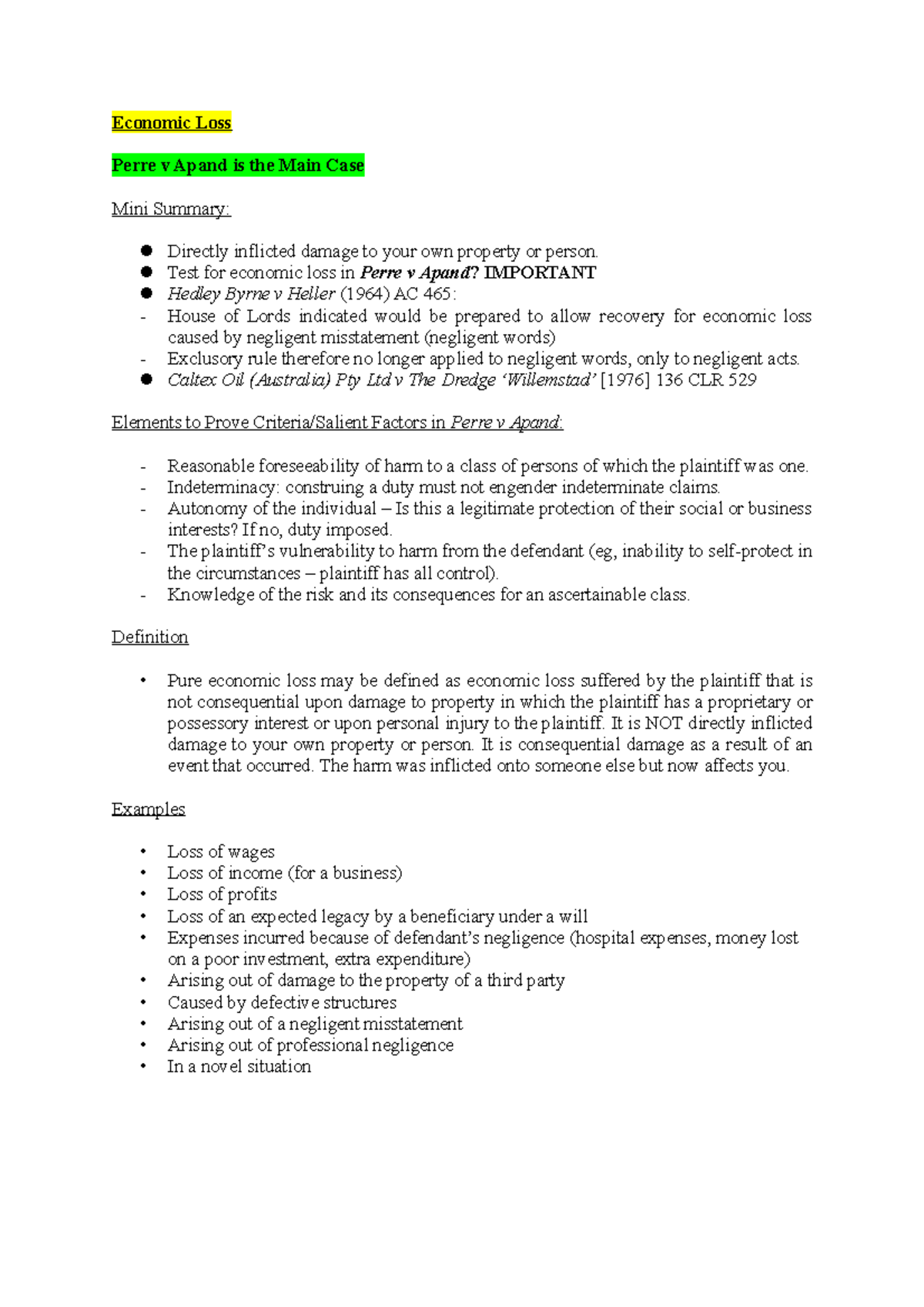 Economic LOSS - Economic Loss Perre v Apand is the Main Case Mini ...