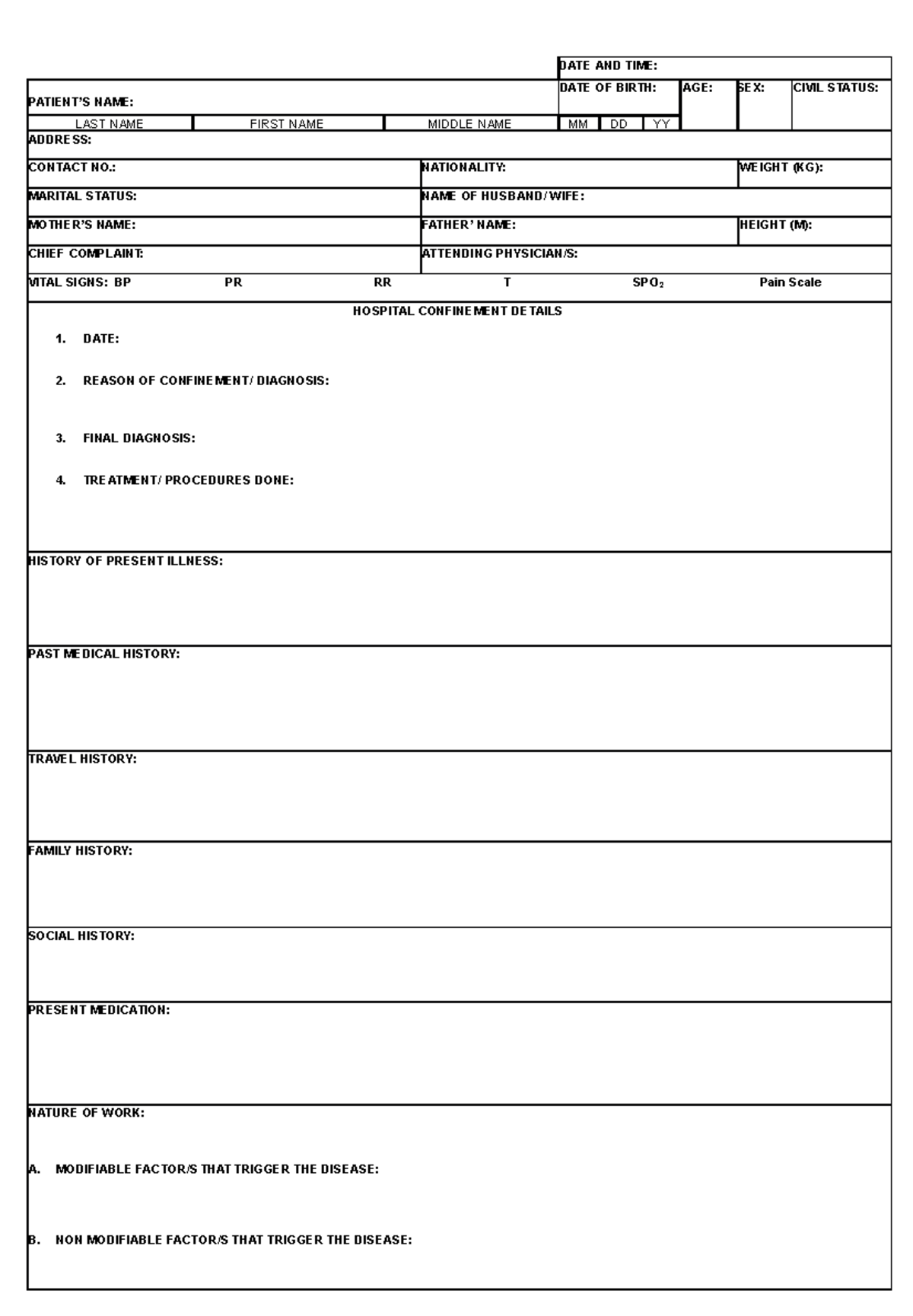 Patient's data Form - data form - DATE AND TIME: PATIENT’S NAME: DATE ...