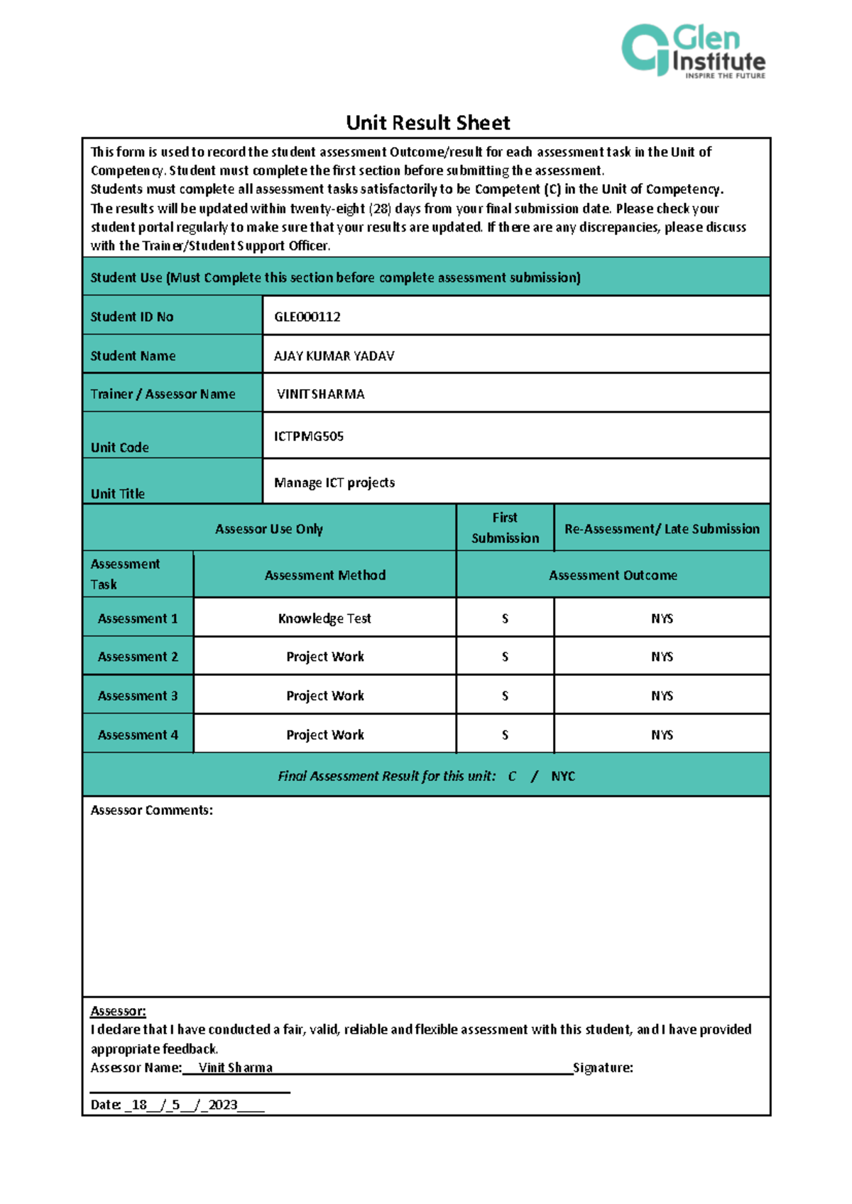 Ictpmg 505 Assessment V1.1 (1) AY - Unit Result Sheet This form is used ...