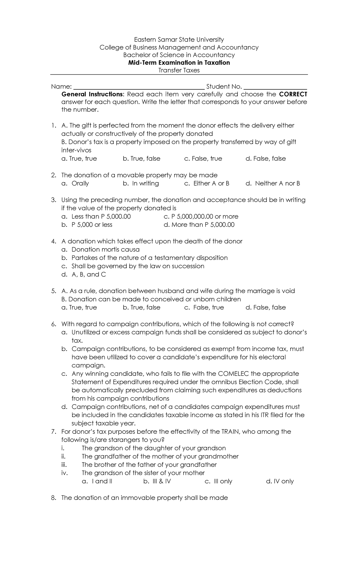 Midterm - Business and Transfer Taxation - Eastern Samar State ...