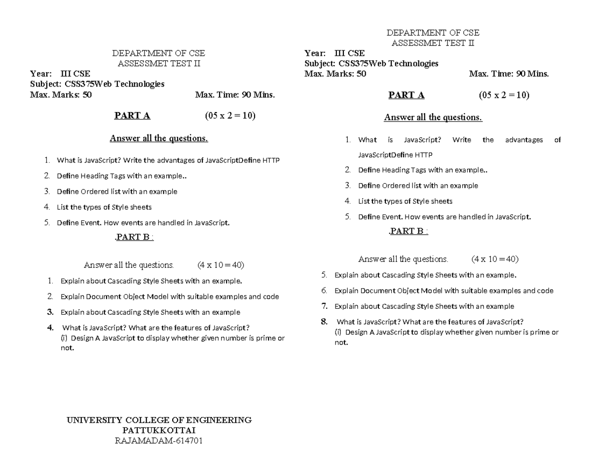 WT II QUESTION PAPER DEPARTMENT OF CSE ASSESSMET TEST II Year III