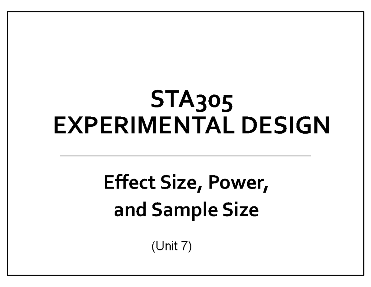 Lecture Notes Unit 7 - Effect Size, Power, and Sample Size STA ...