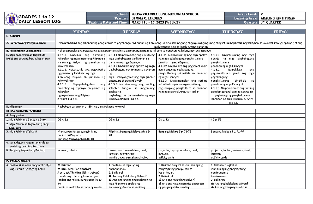 DLL Araling Panlipunan 5 Q3 W5 - GRADES 1 to 12 DAILY LESSON LOG School ...
