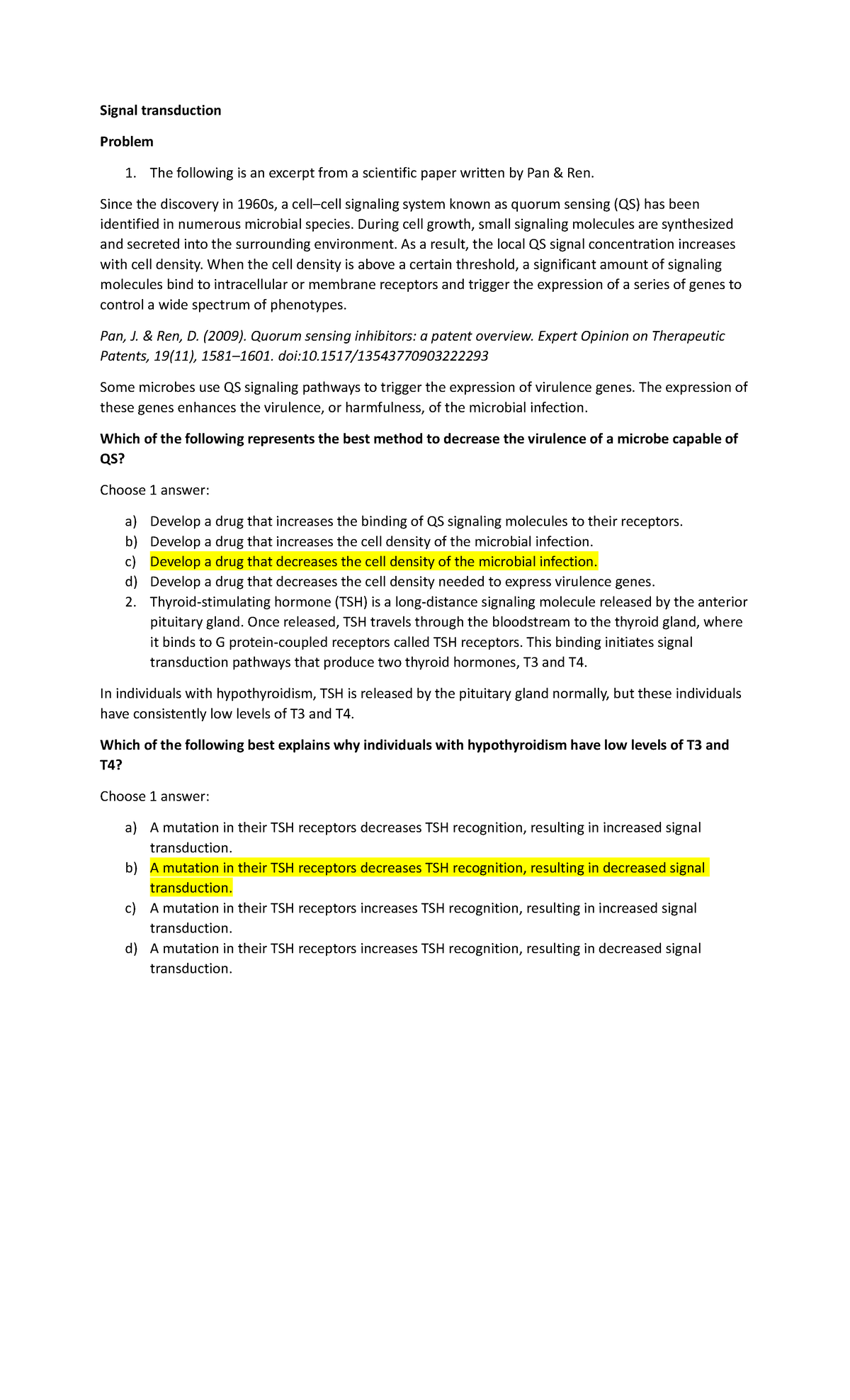 Signal transduction - Practice Quiz - Signal transduction Problem The ...