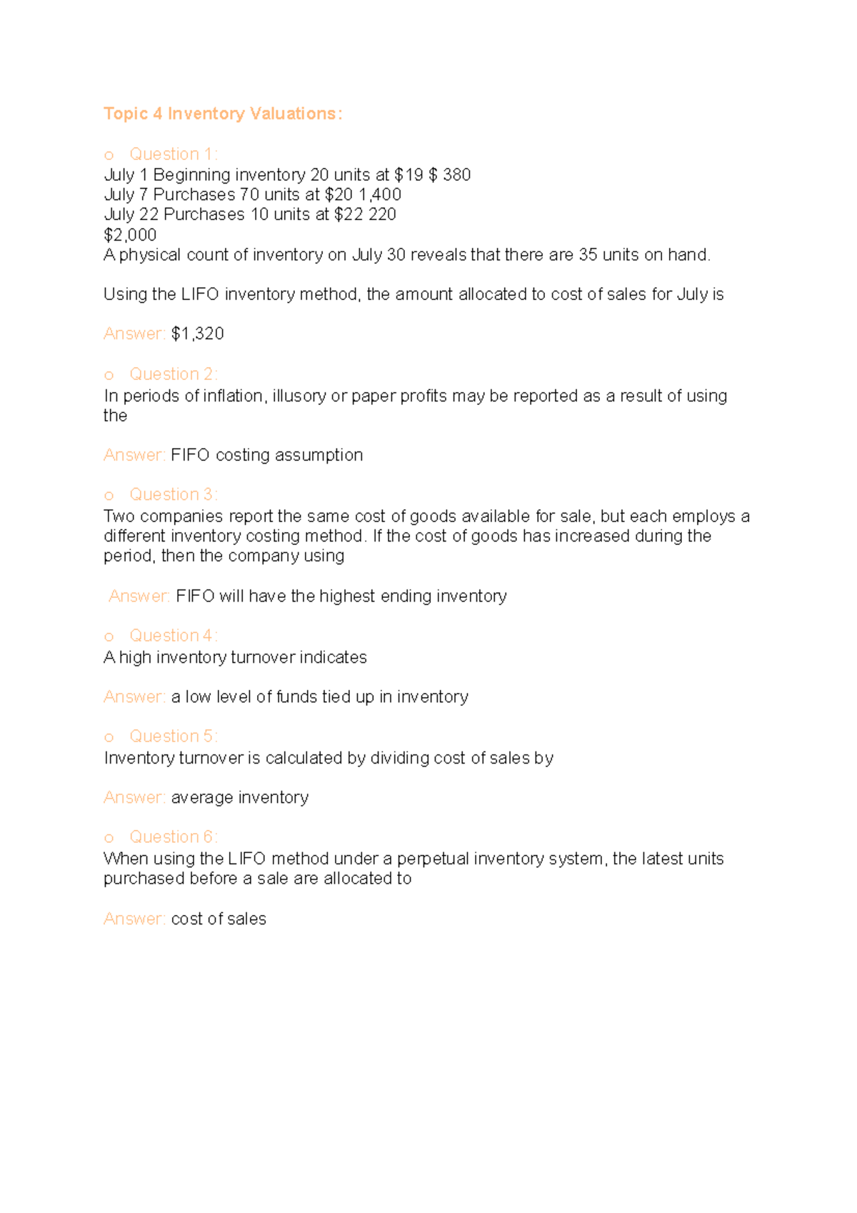 Topic 4-6 Practice Questions - Topic 4 Inventory Valuations: O Question ...