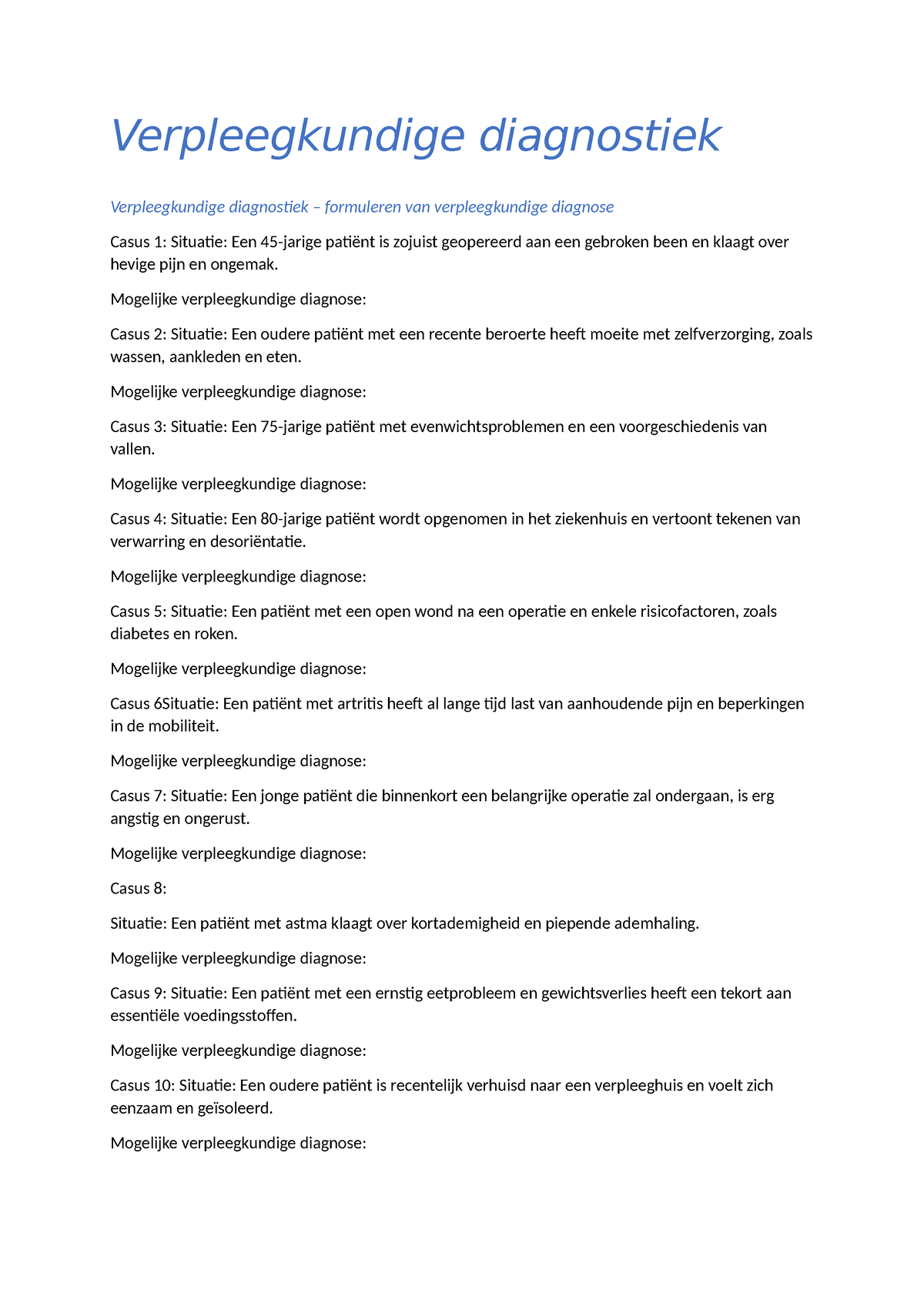 Casussen Verpleegkundige Diagnostiek Fase1 Formuleren Van De ...