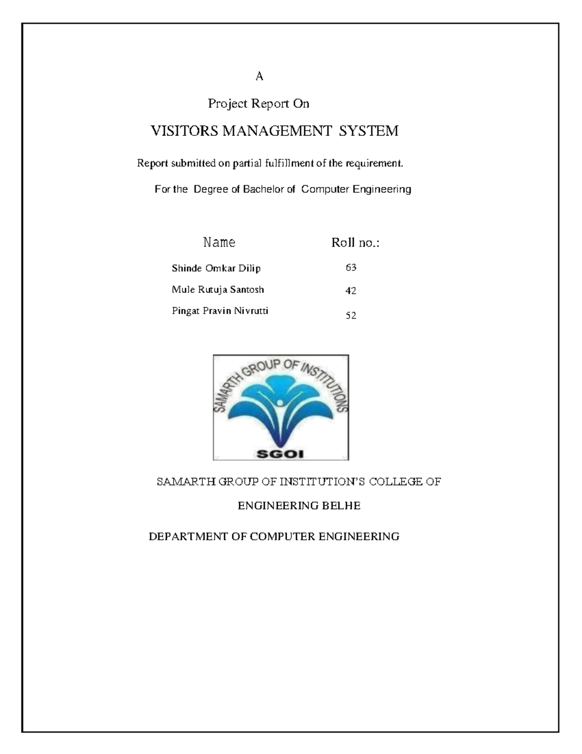 Visitors Management System Report A Project Report On VISITORS