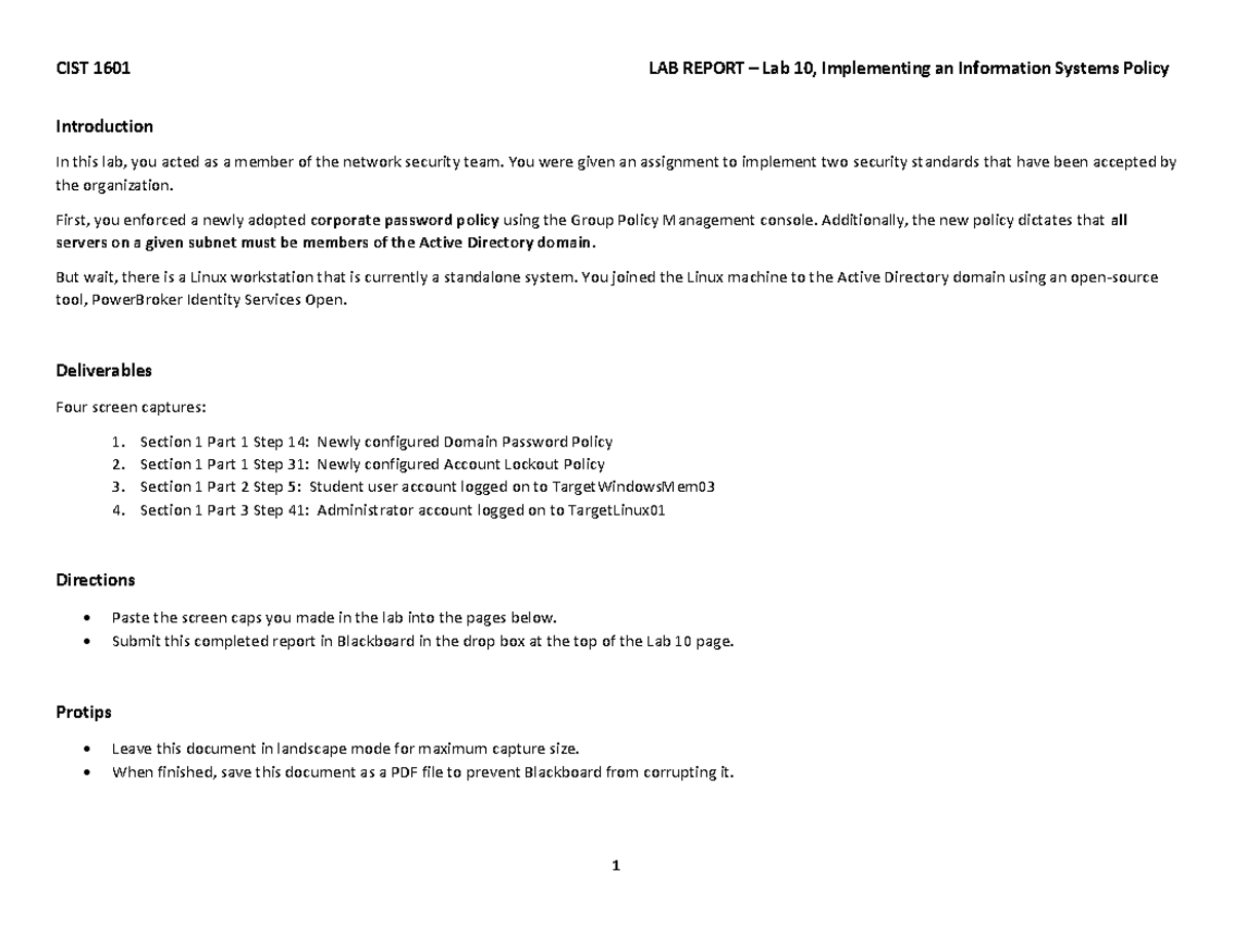 1601 Lab 10 Lab Report - Lab Assignment - CIST 1601 LAB REPORT – Lab 10 ...