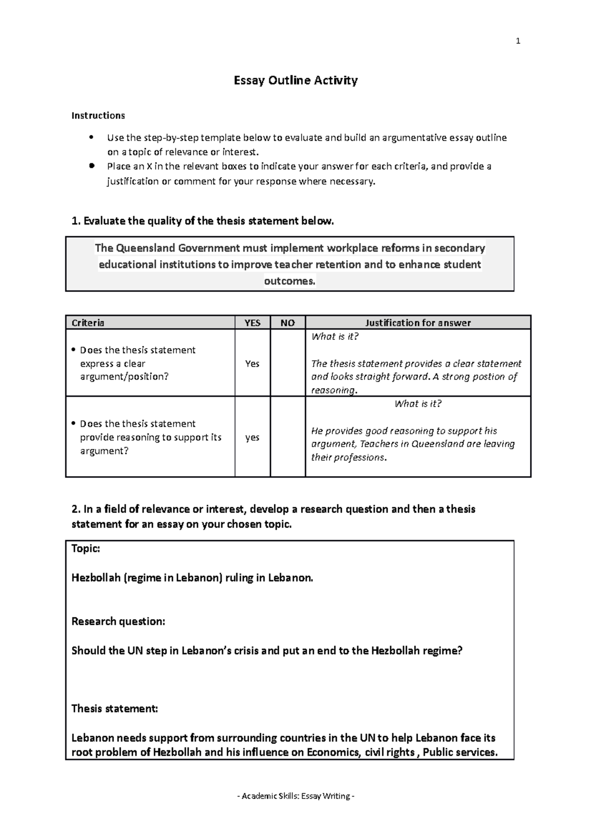 Essay Outline Activity - 1 Essay Outline Activity Instructions Use the ...