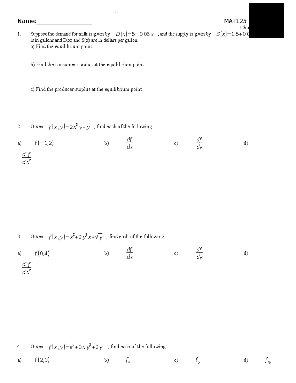 MAT125 chap6 Review Partial Derivatives - Name ...