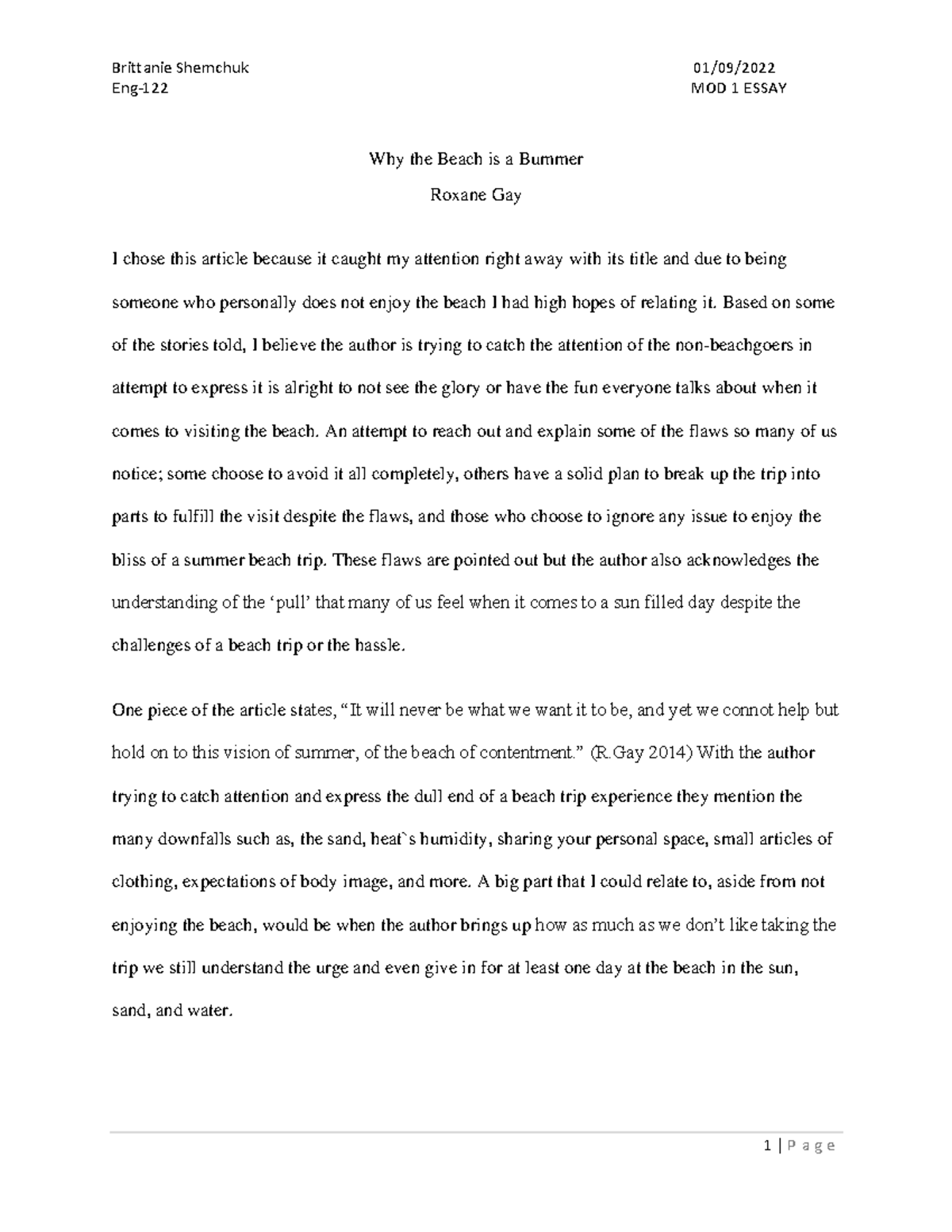 Module 1 Essay English Composition One - Brittanie Shemchuk 01/09/ Eng ...