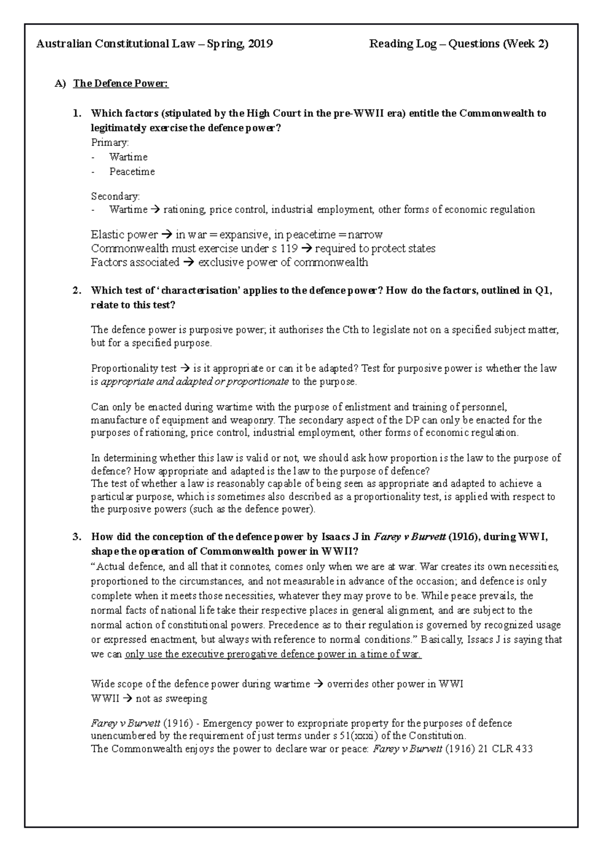 Week 2 - Spring 2019 - A) The Defence Power: Which factors (stipulated ...