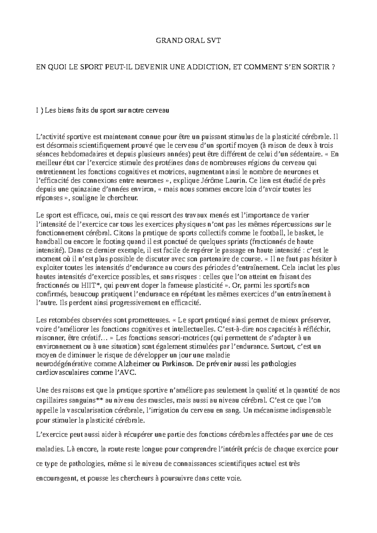 Svt grand oral GRAND ORAL SVT EN QUOI LE SPORT PEUTIL DEVENIR UNE ADDICTION, ET COMMENT S’EN