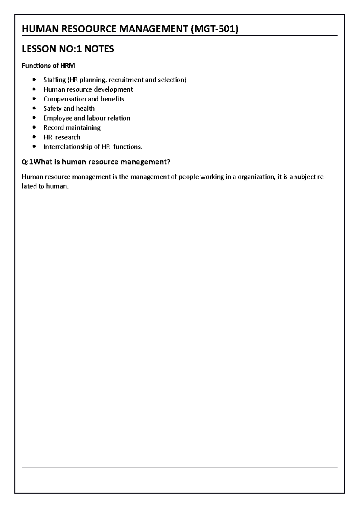 Human Resoource Management MGT-501 Notes - HUMAN RESOOURCE MANAGEMENT ...