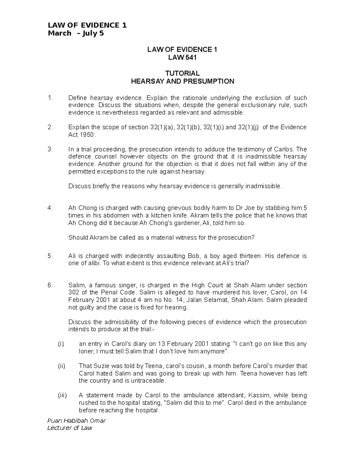 LAW 529 Tutorial 5 Hearsay AND Presumption - LAW OF EVIDENCE 1 March ...