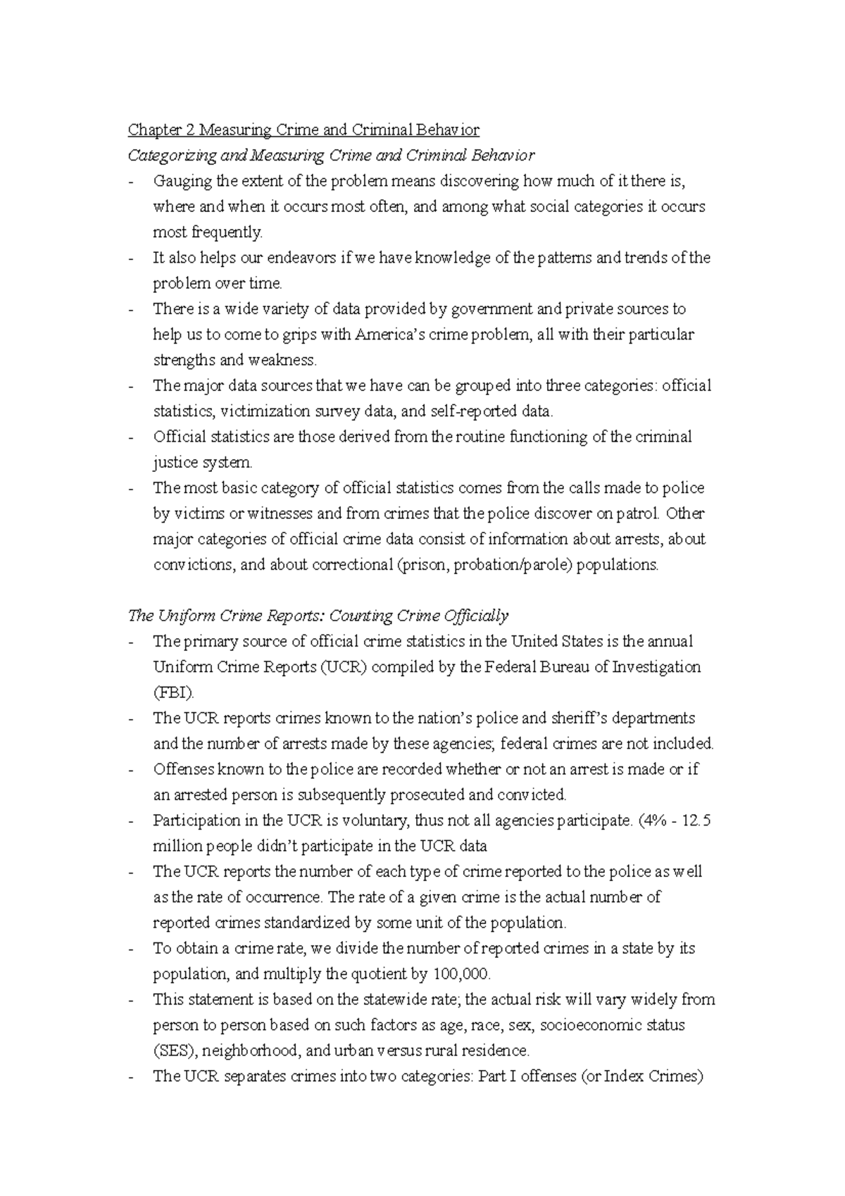 Chapter 2 Notes - Chapter 2 Measuring Crime And Criminal Behavior ...