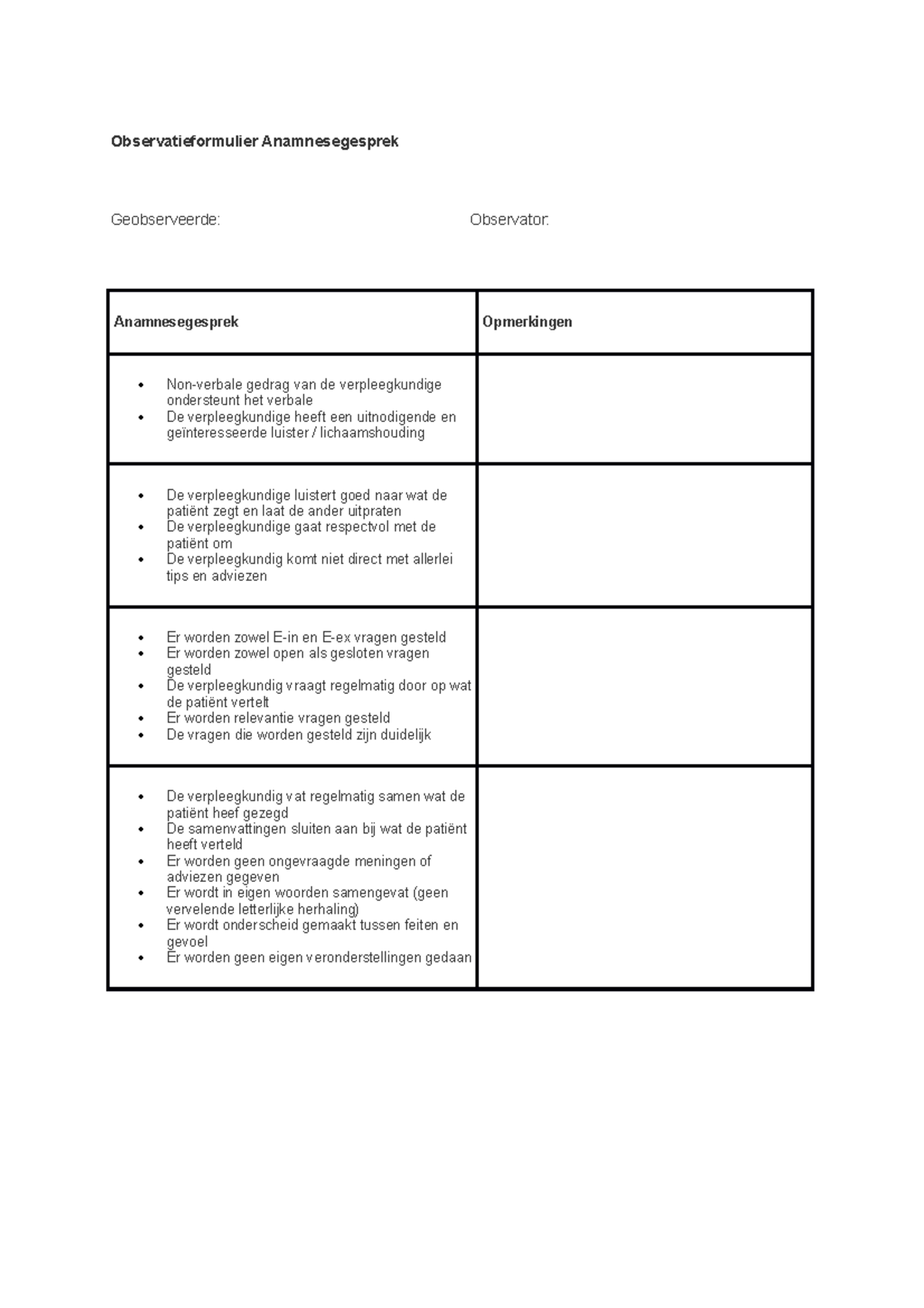 Observatieformulier Anamnesegesprek Observatieformulier 