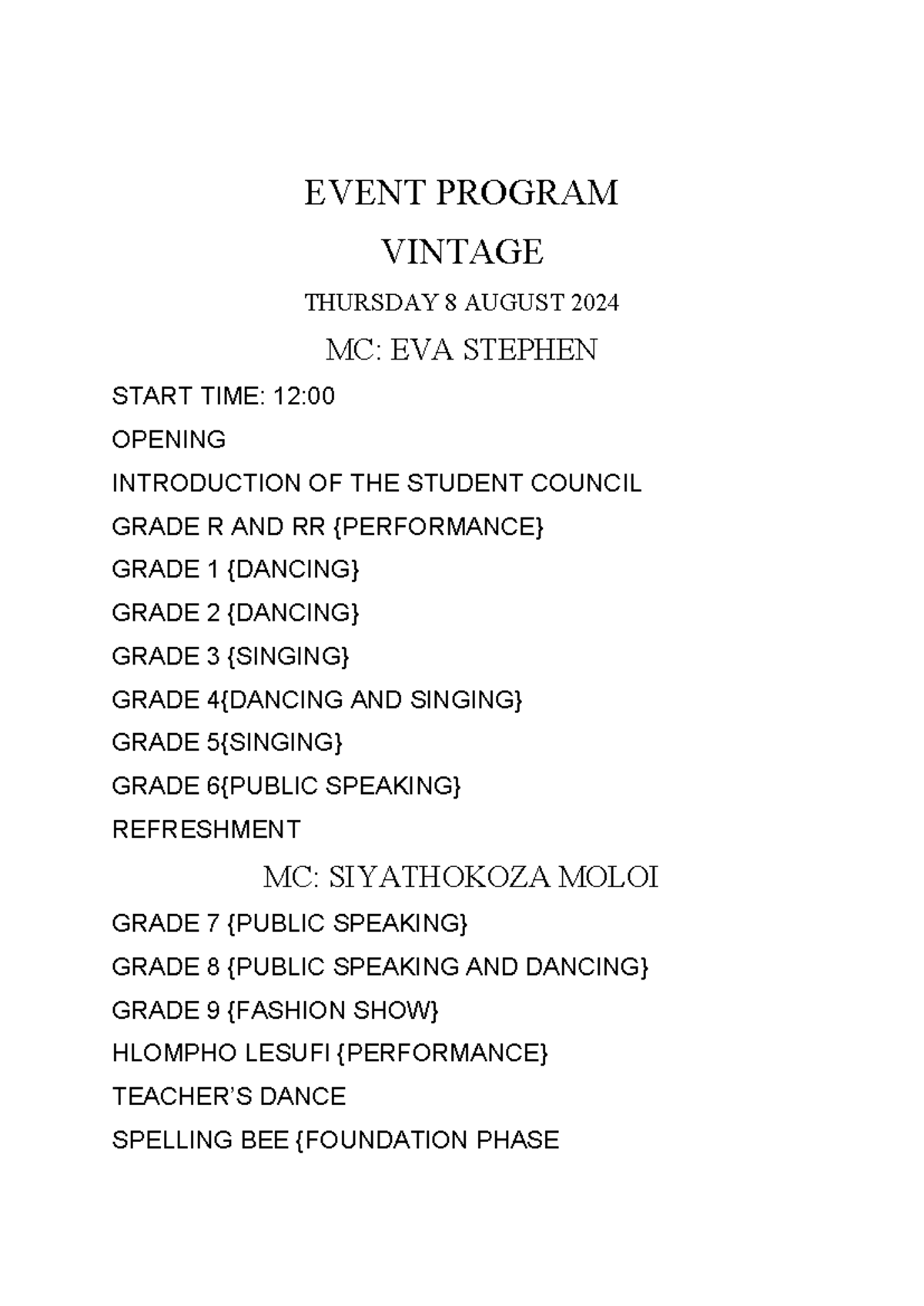 Event Program - EVENT PROGRAM VINTAGE THURSDAY 8 AUGUST 2024 MC: EVA ...