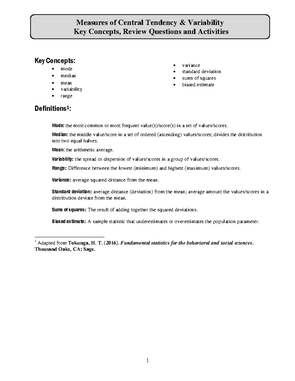 Week 4 Key Concepts Review Activites - 1 Key Concepts: mode median mean ...