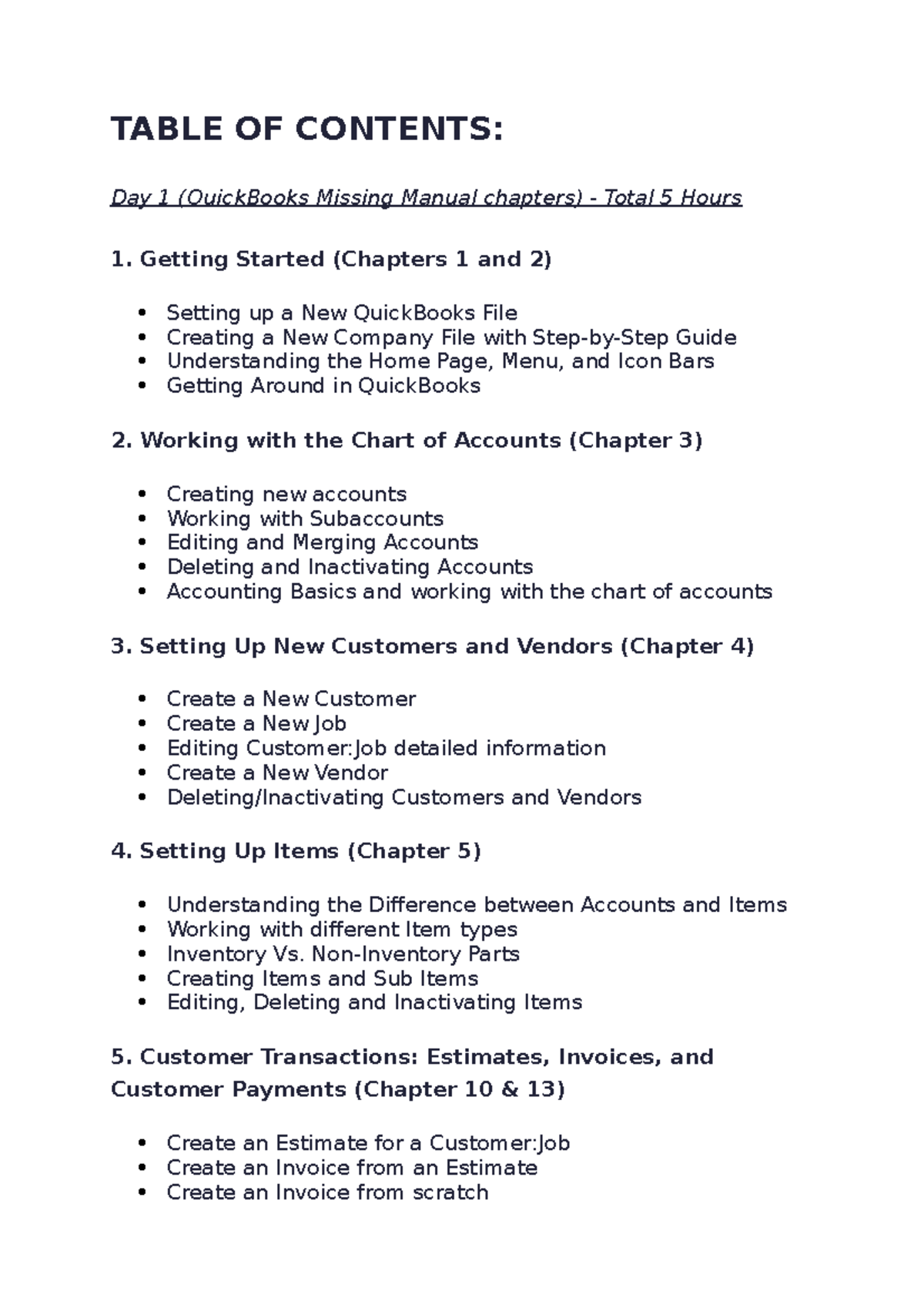 Table OF Contents Quickbooks - TABLE OF CONTENTS: Day 1 (QuickBooks
