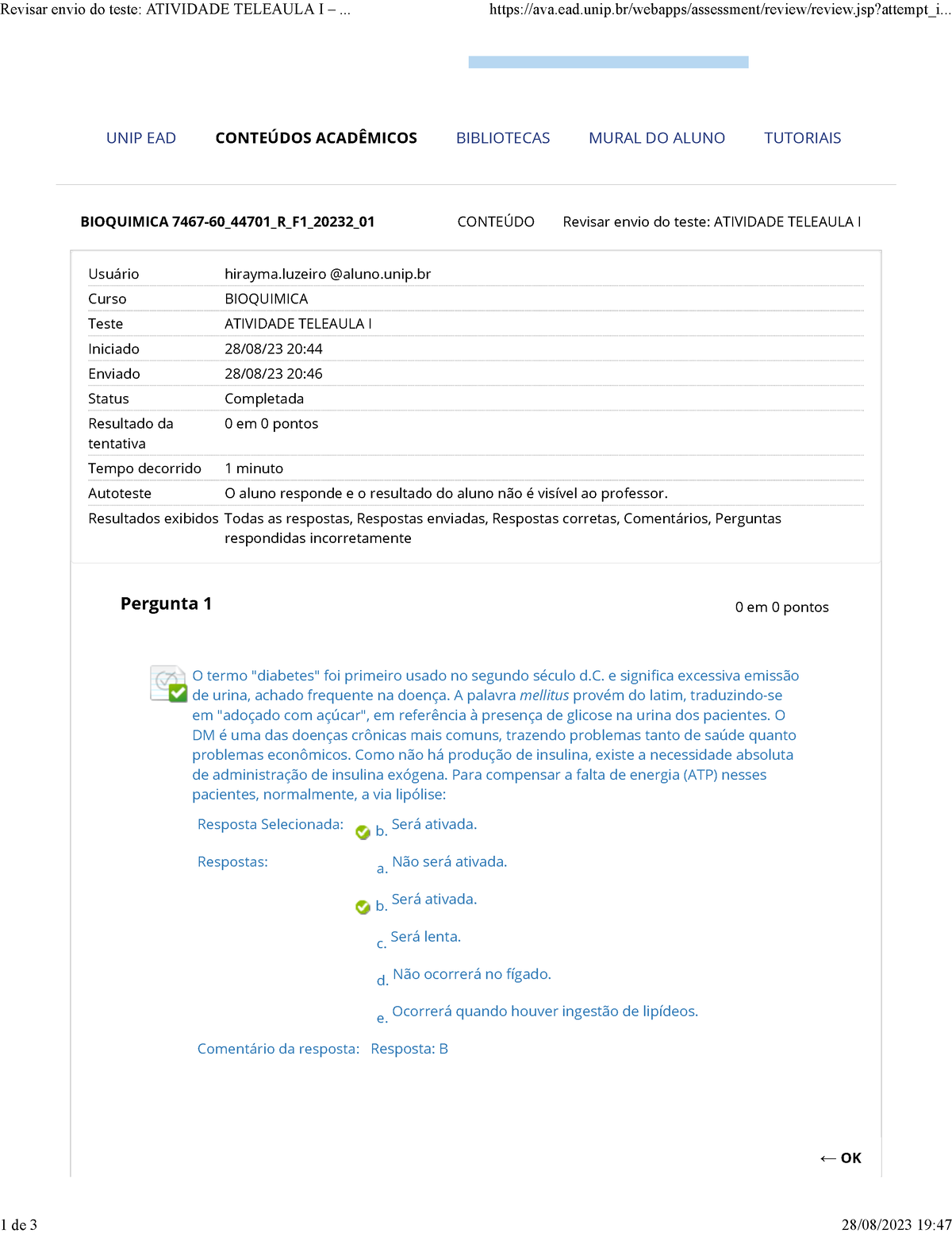 Atividade Teleaula I – Bioquimica - BIOQUIMICA 7467-60_44701_R_F1_20232 ...