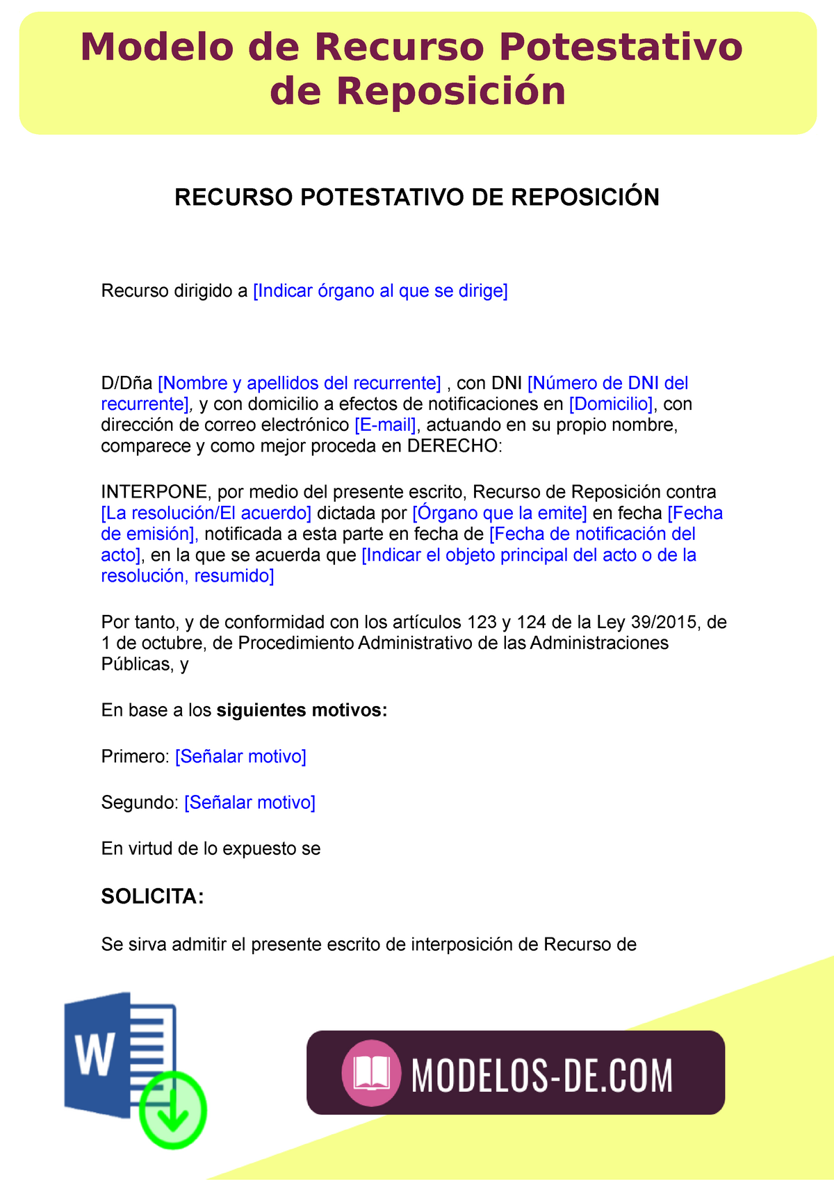 Modelo de Recurso de Reposición - RECURSO POTESTATIVO DE REPOSICIÓN Recurso  dirigido a [Indicar - Studocu