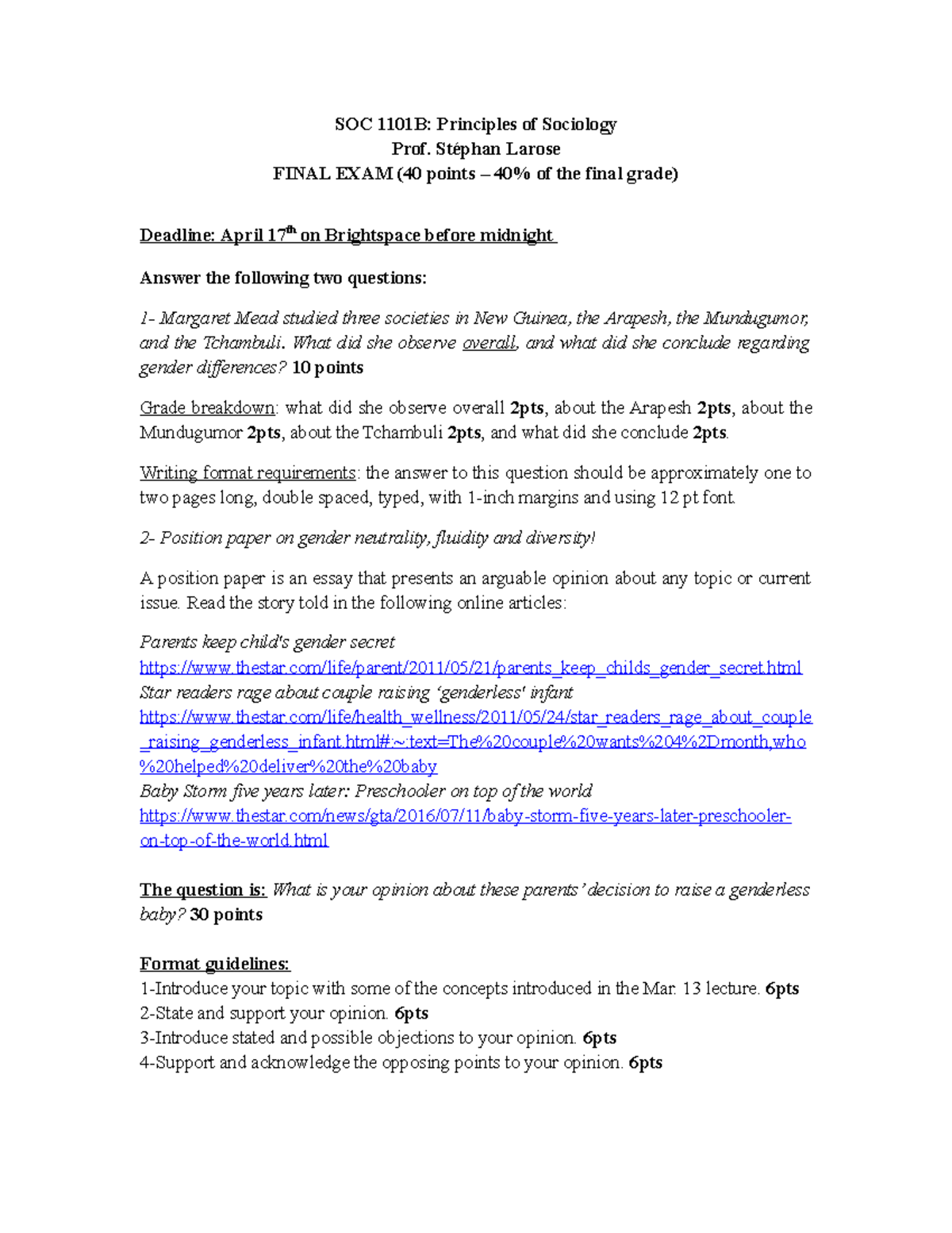 Final Exam - SOC 1101B: Principles of Sociology Prof. Stéphan Larose ...