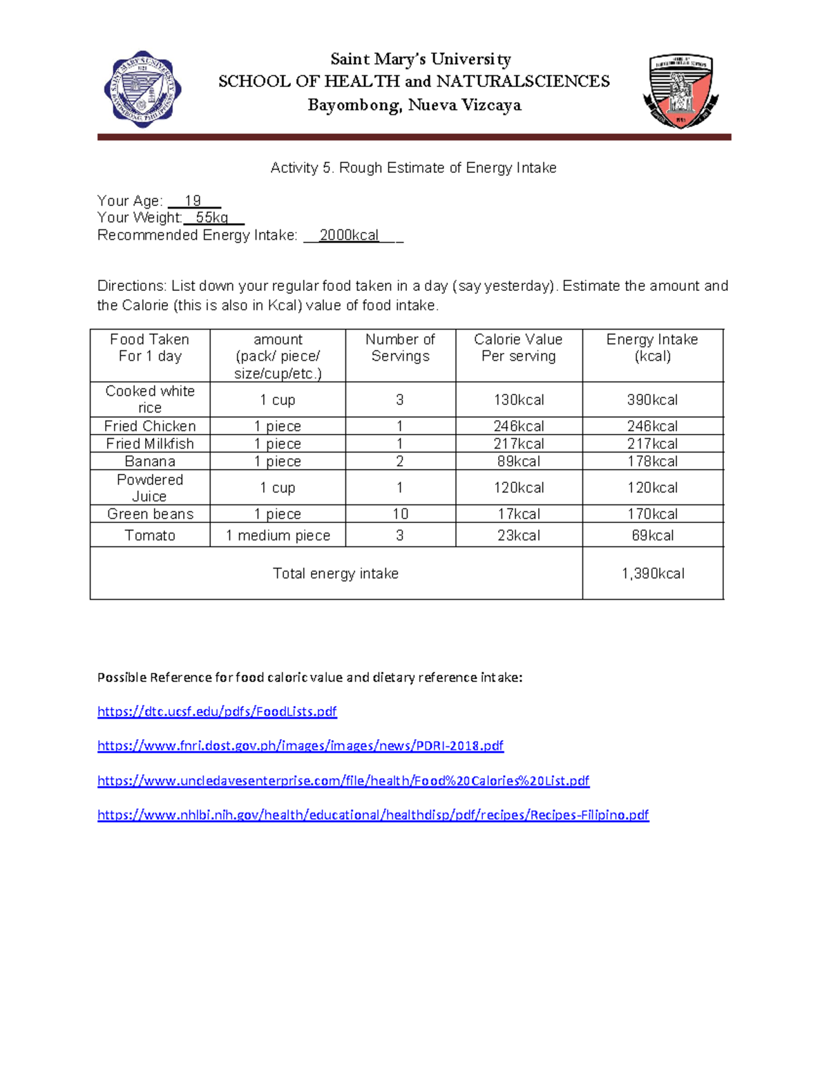Rough Estimate of Energy Intake - Saint Mary’s University SCHOOL OF ...