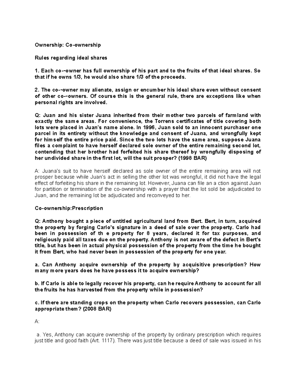 Co ownership bar qs NATRES NOTES Ownership Coownership Rules