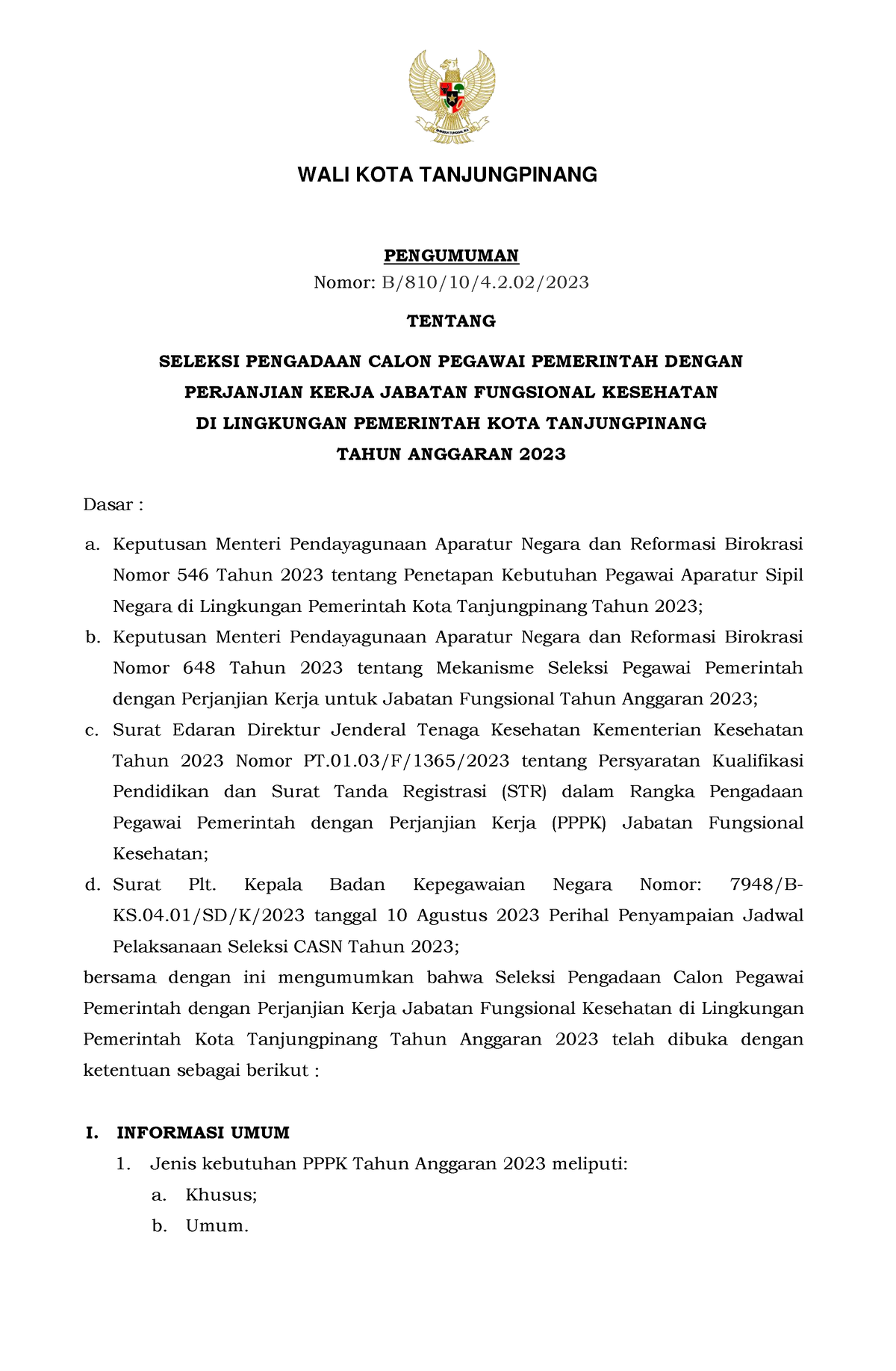 230918-402000 000-Pengumuman PPPK Kesehatan - WALI KOTA TANJUNGPINANG ...