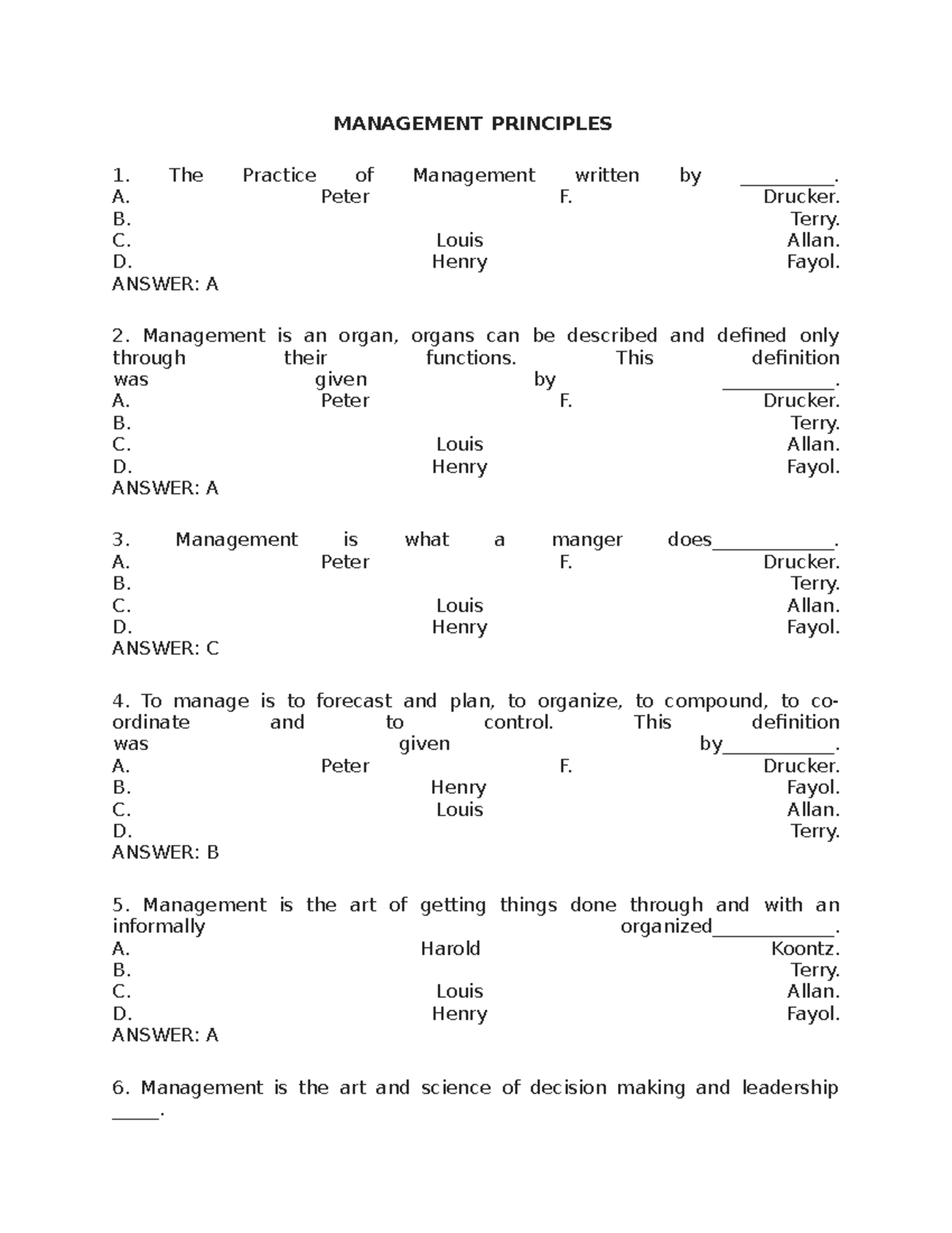 Management Principles 1st test important questions - MANAGEMENT ...