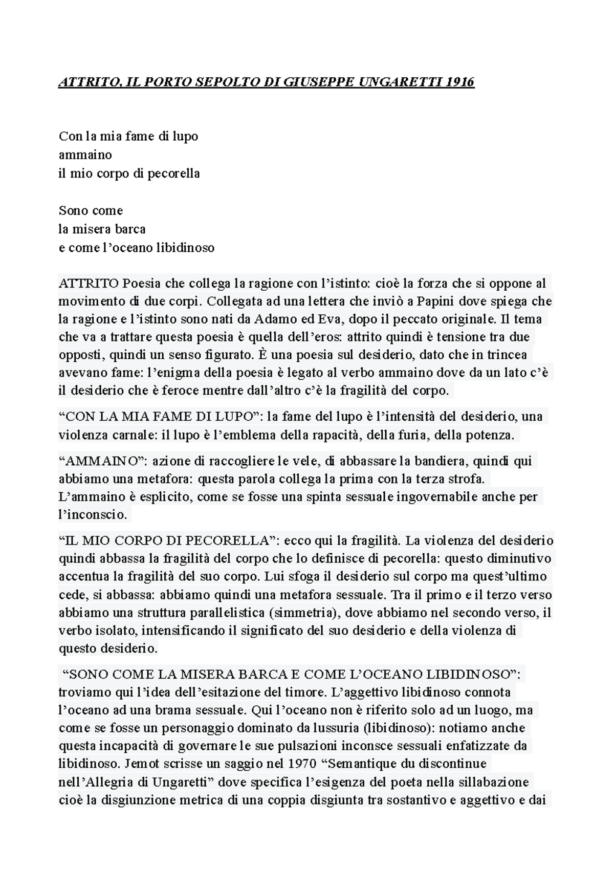 Analisi attrito ungaretti ATTRITO, IL PORTO SEPOLTO DI GIUSEPPE