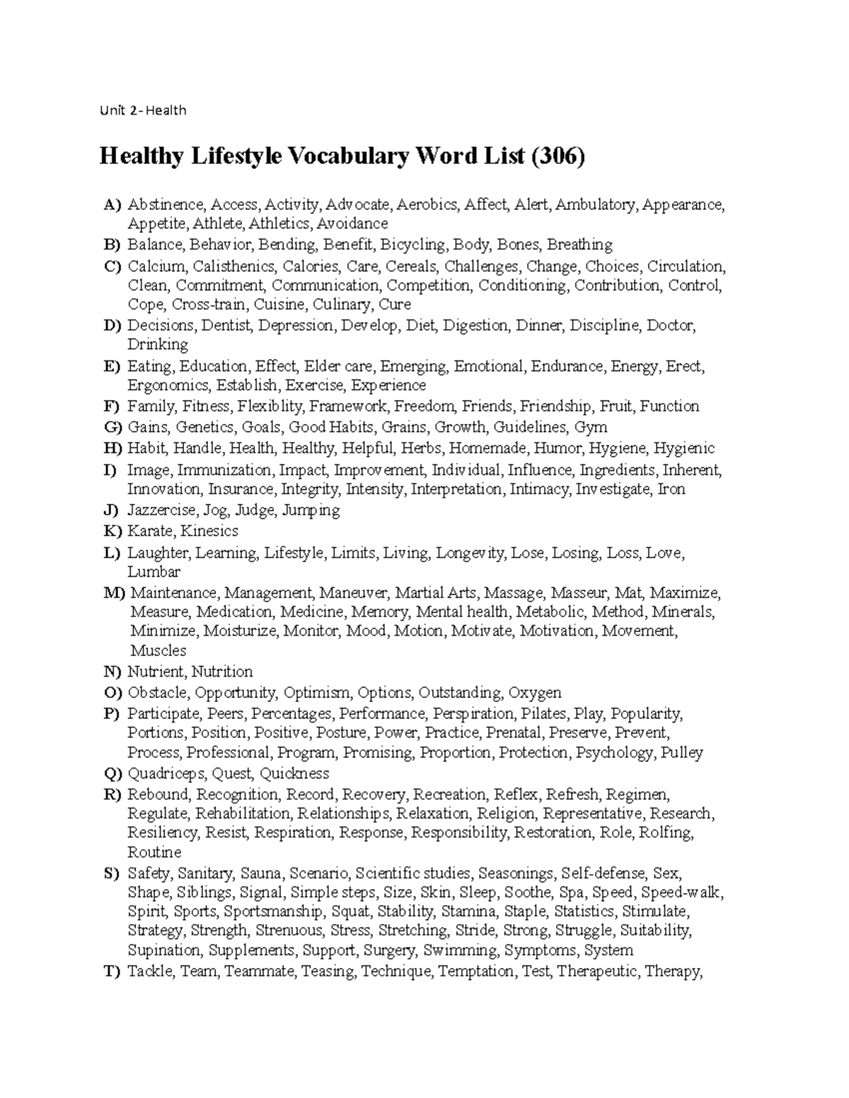 Unit 2 Pertemuan 2 Unit 2 Health Healthy Lifestyle Vocabulary Word