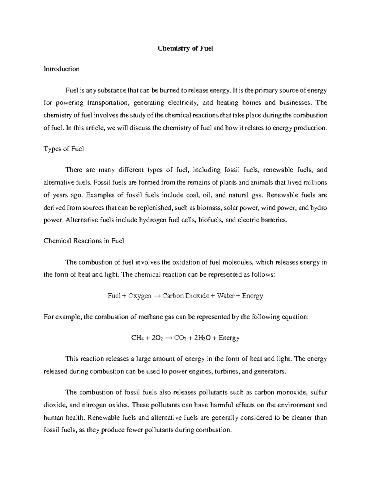 Chemistry of Fuel Chemistry of Fuel Introduction Fuel is any