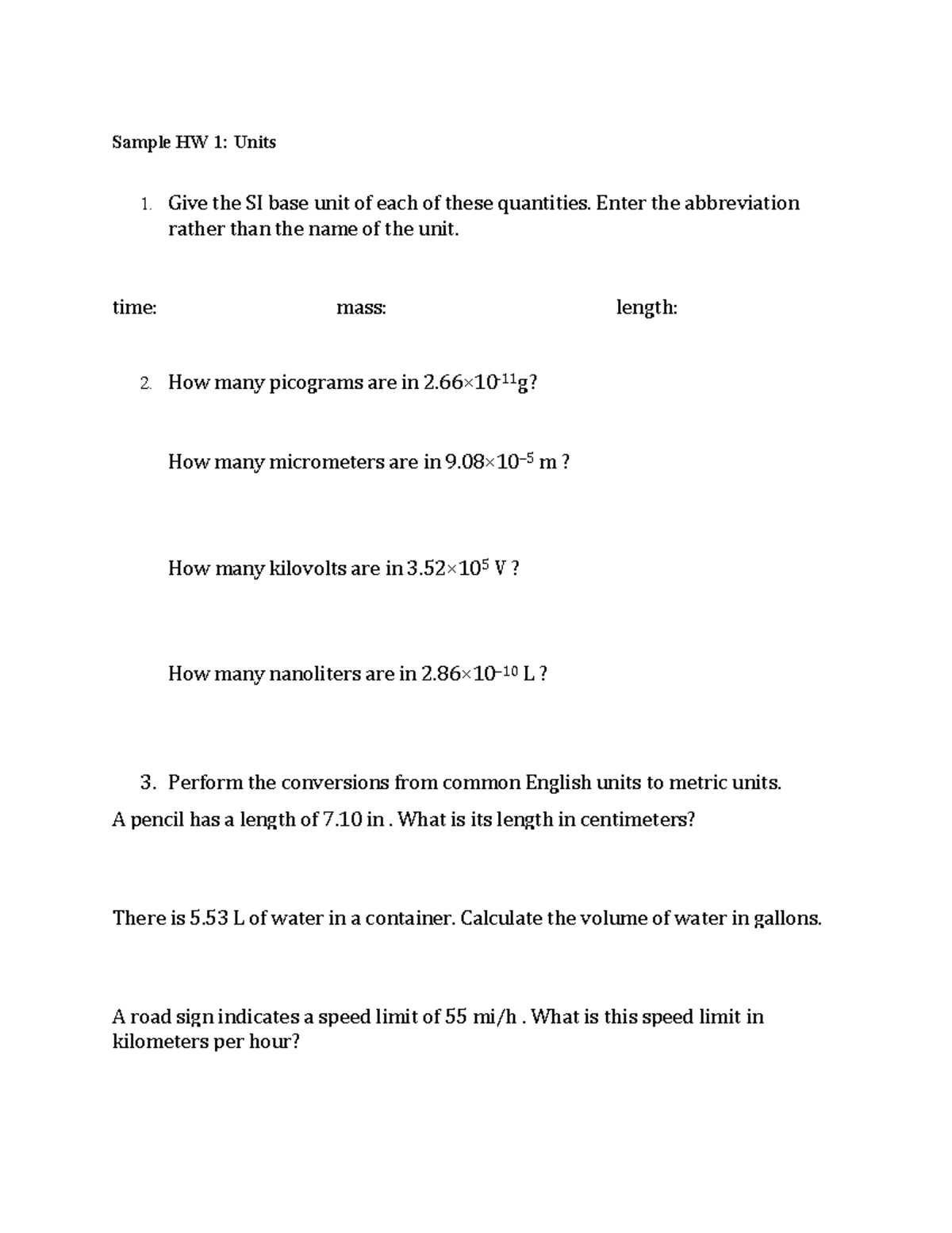 S HW 1 Units - lecture note - Sample HW 1: Units Give the SI base unit ...