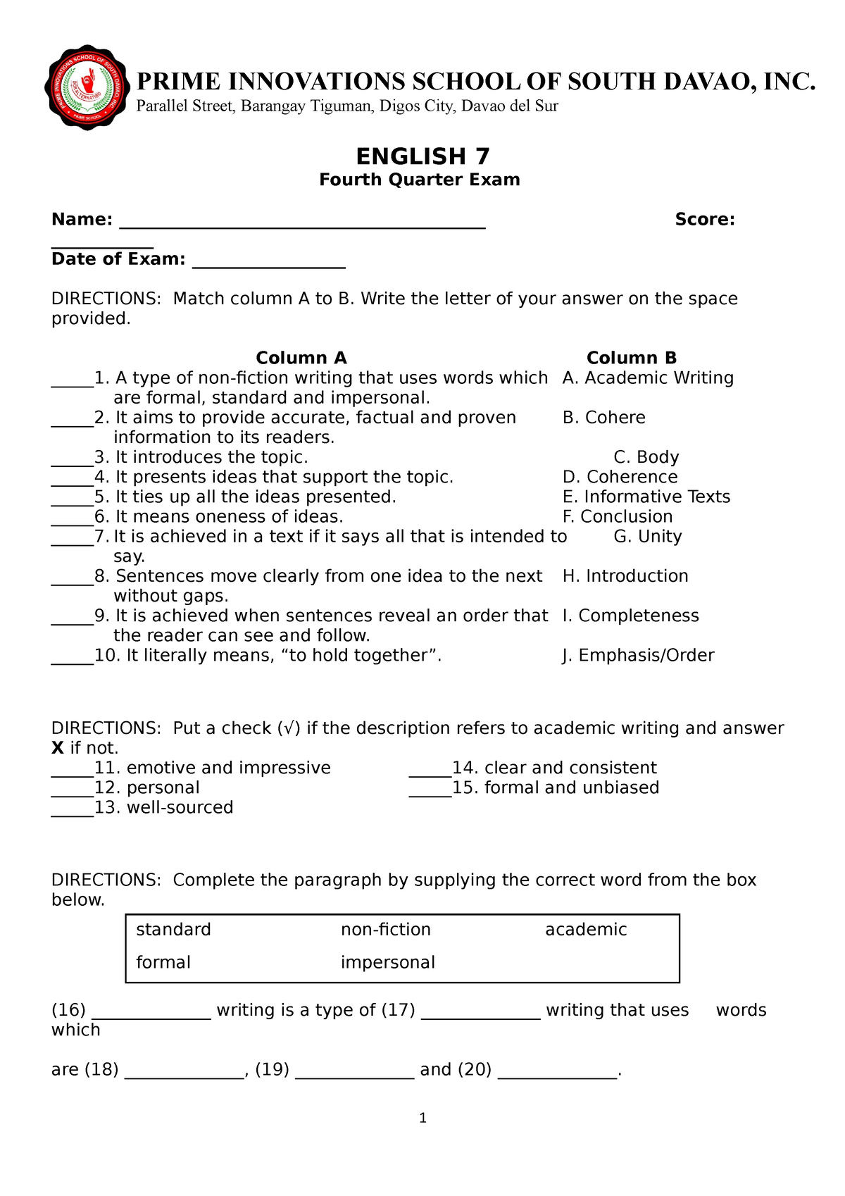 4th Quarter Exam Exam sample for English AB English Language UM