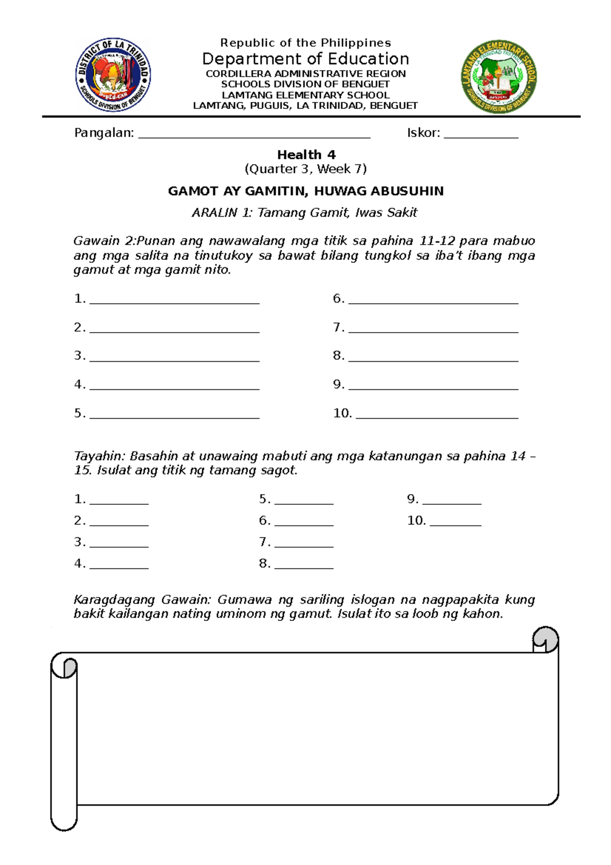 Answersheet Chart Republic Of The Philippines Department Of Education Cordillera 0795