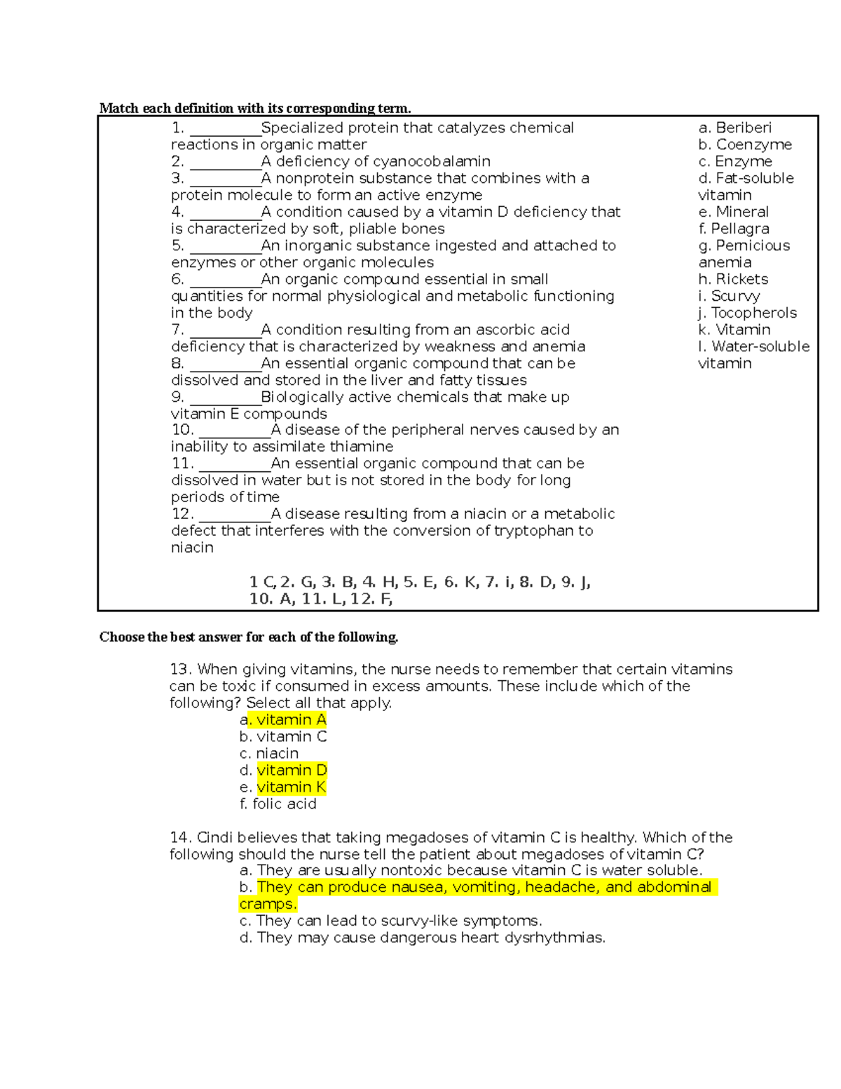 Vitamins group work answers Match each definition with its corresponding term. 1. Studocu