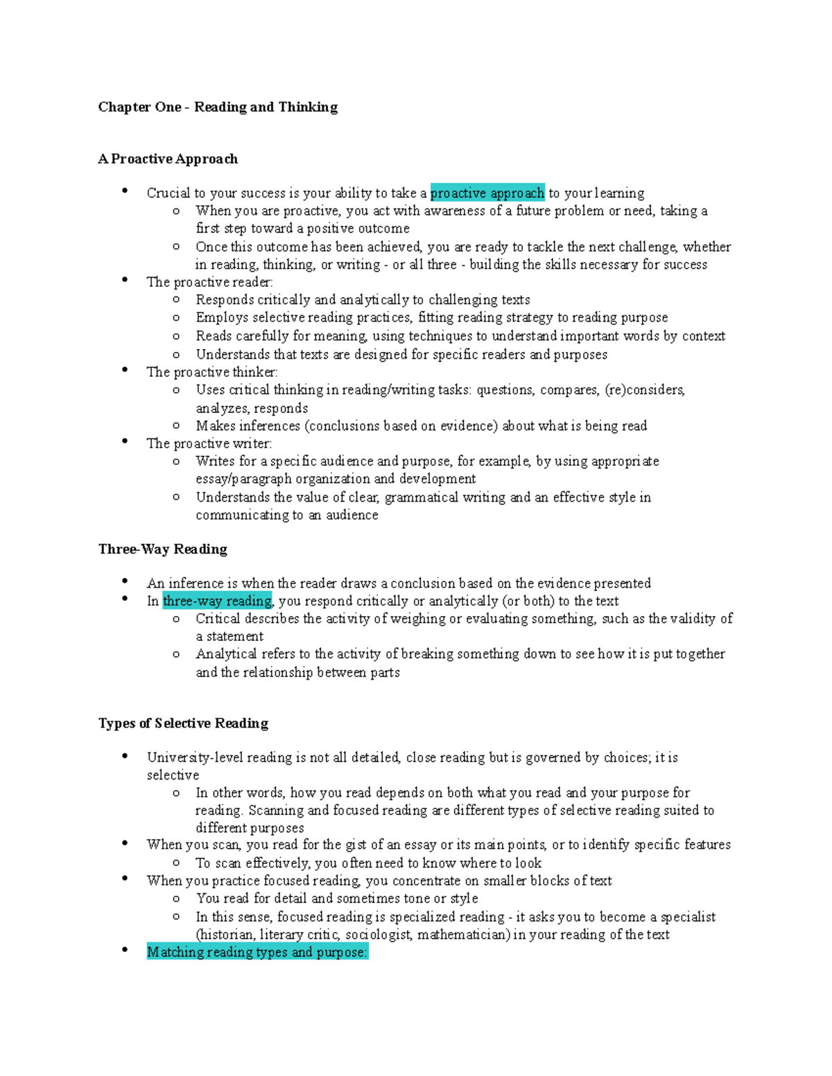 Chapter One Notes - Chapter One - Reading And Thinking A Proactive ...