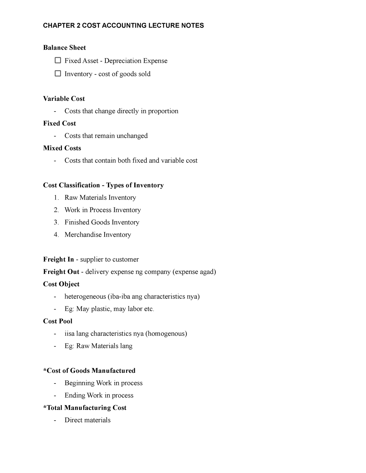 Chap 2 Cost Lecture Notes - CHAPTER 2 COST ACCOUNTING LECTURE NOTES ...