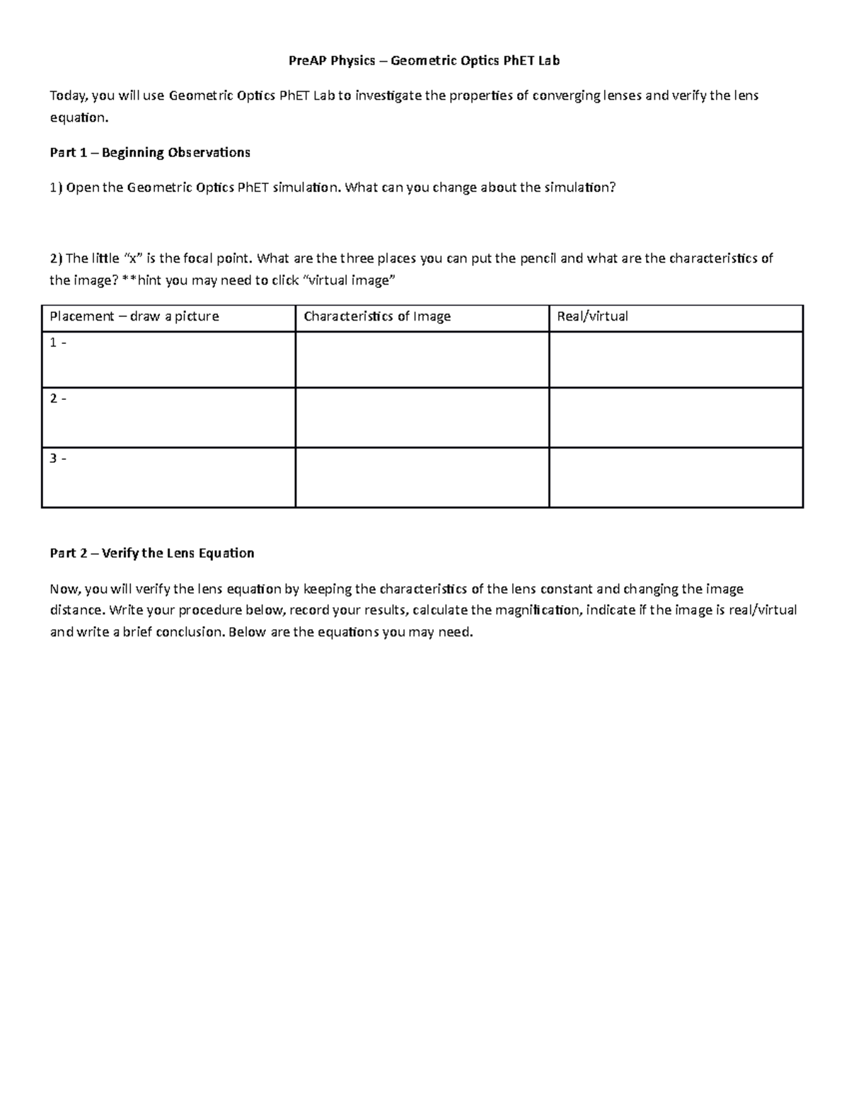 Geometric Optics Pre AP Student PreAP Physics Geometric Optics PhET