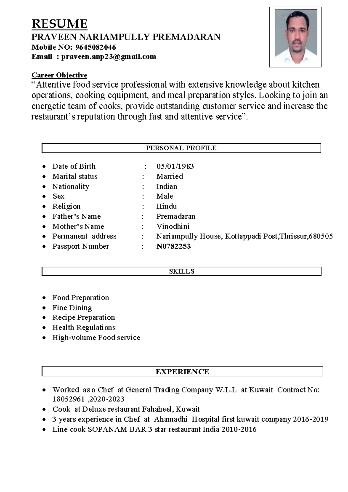 Praveen Resume-1 - Guide - RESUME PRAVEEN NARIAMPULLY PREMADARAN Mobile ...