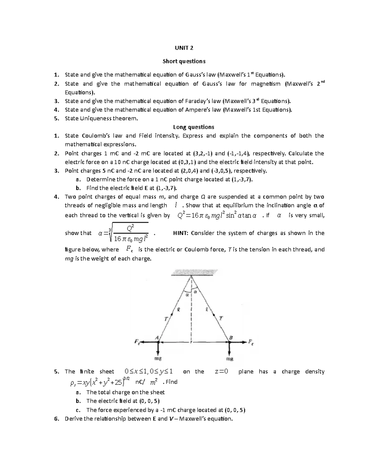 Question Bank - UNIT 2 - Electromagnetic Theory Assignments ...