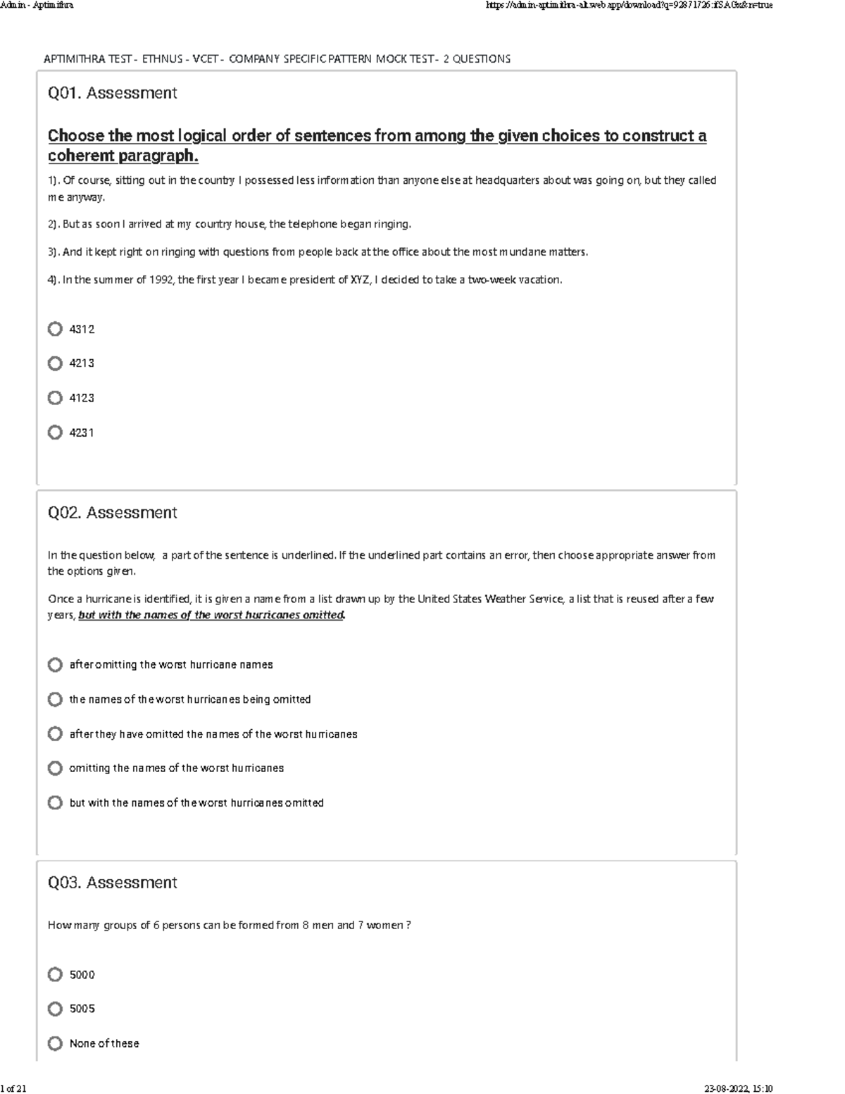 2 VCET Company Specific Test APTIMITHRA TEST ETHNUS VCET