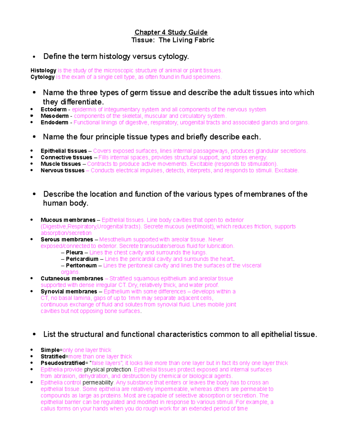 Tissues The Living Fabric Study Guide Chapter 4 Study Guide Tissue