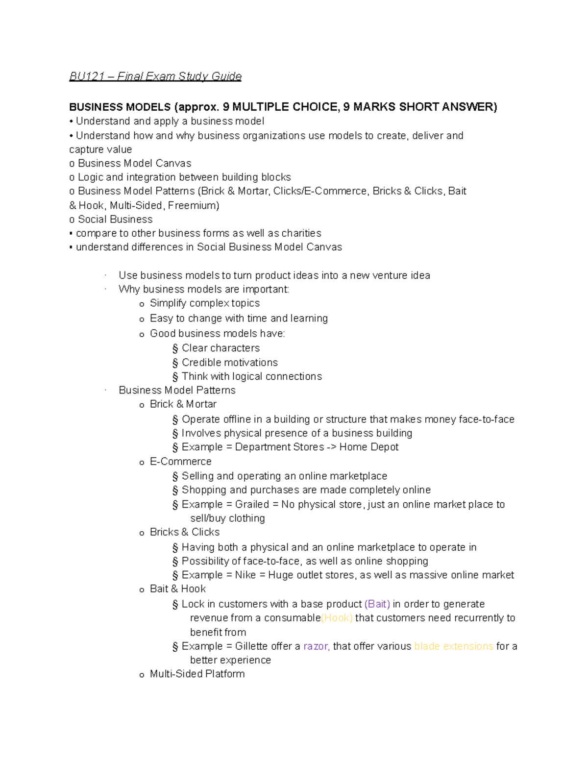 BU121 – Final Exam Study Guide - BU121 – Final Exam Study Guide ...