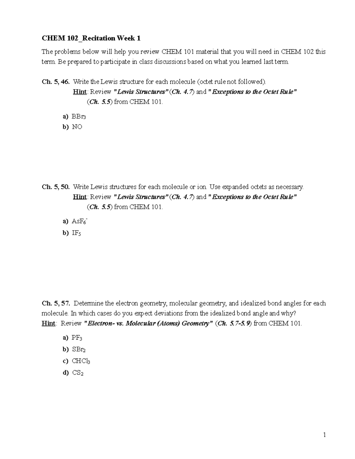 CHEM 102 Recitation Week 1 W23 - CHEM 102_Recitation Week 1 The ...