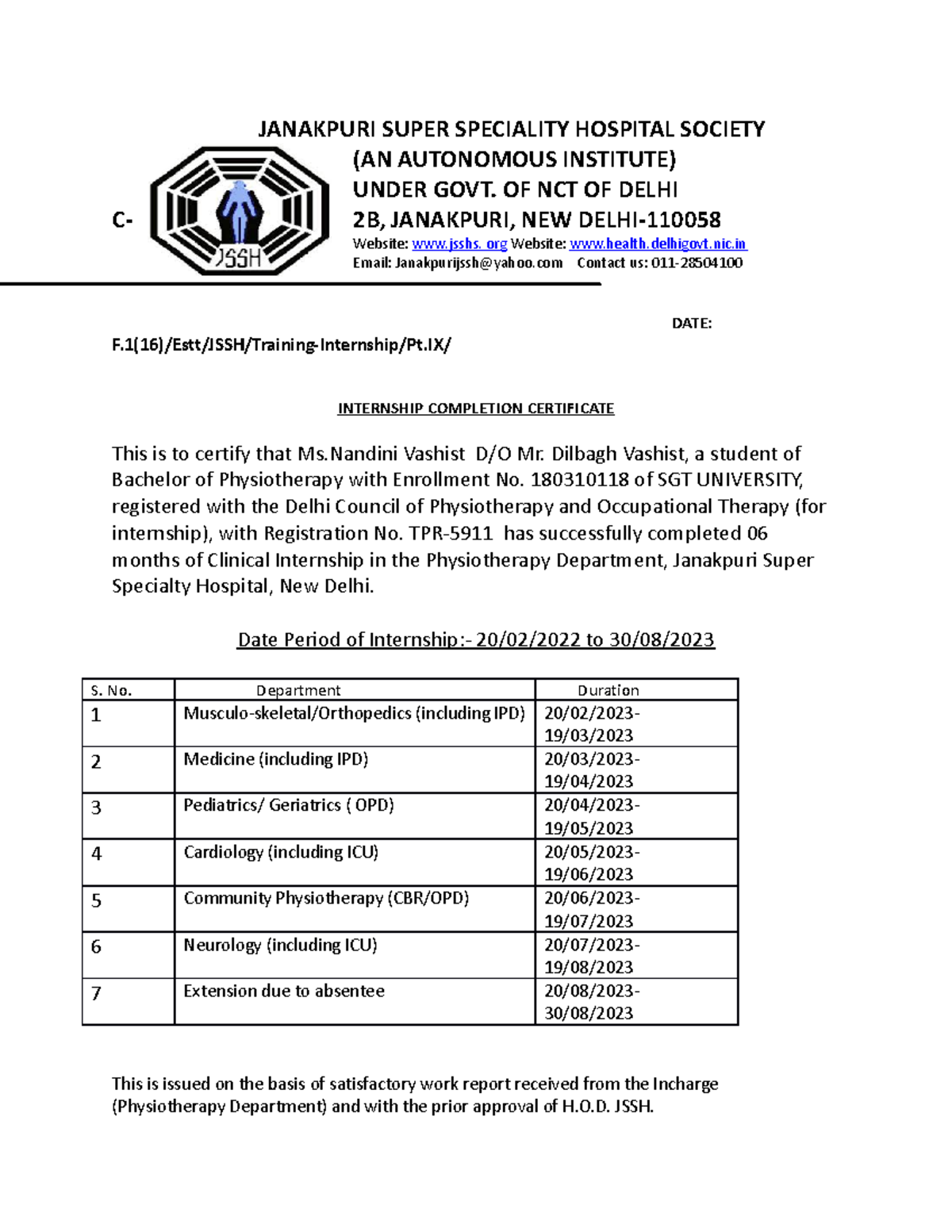 Interns certificate 3 - bbbbf - JANAKPURI SUPER SPECIALITY HOSPITAL ...